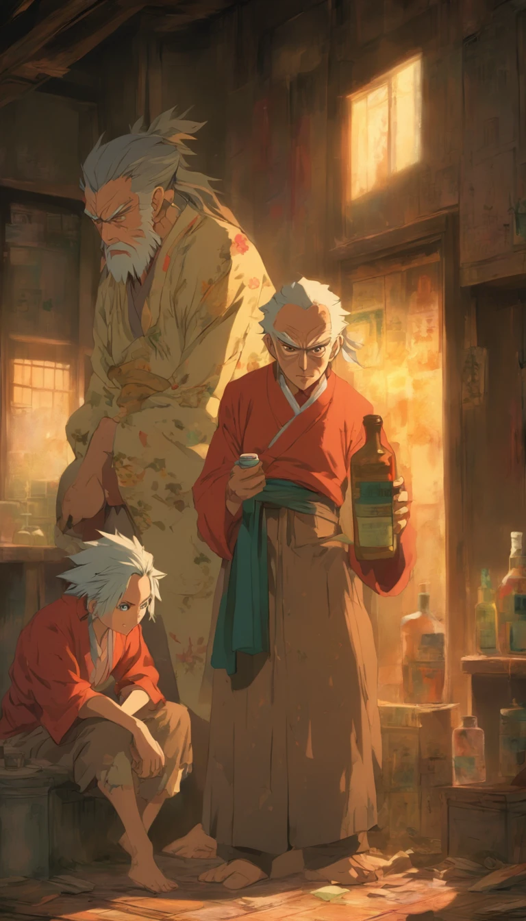 An old man with a solemn expression holding a bottle of healing medicine, two women covered in bruises and scars, wearing pained expressions and looking exhausted, in a quiet scene that appears to be an abandoned room, ,32k, best quality, masterpiece, super detail, high details by Jidaimono Anime Style