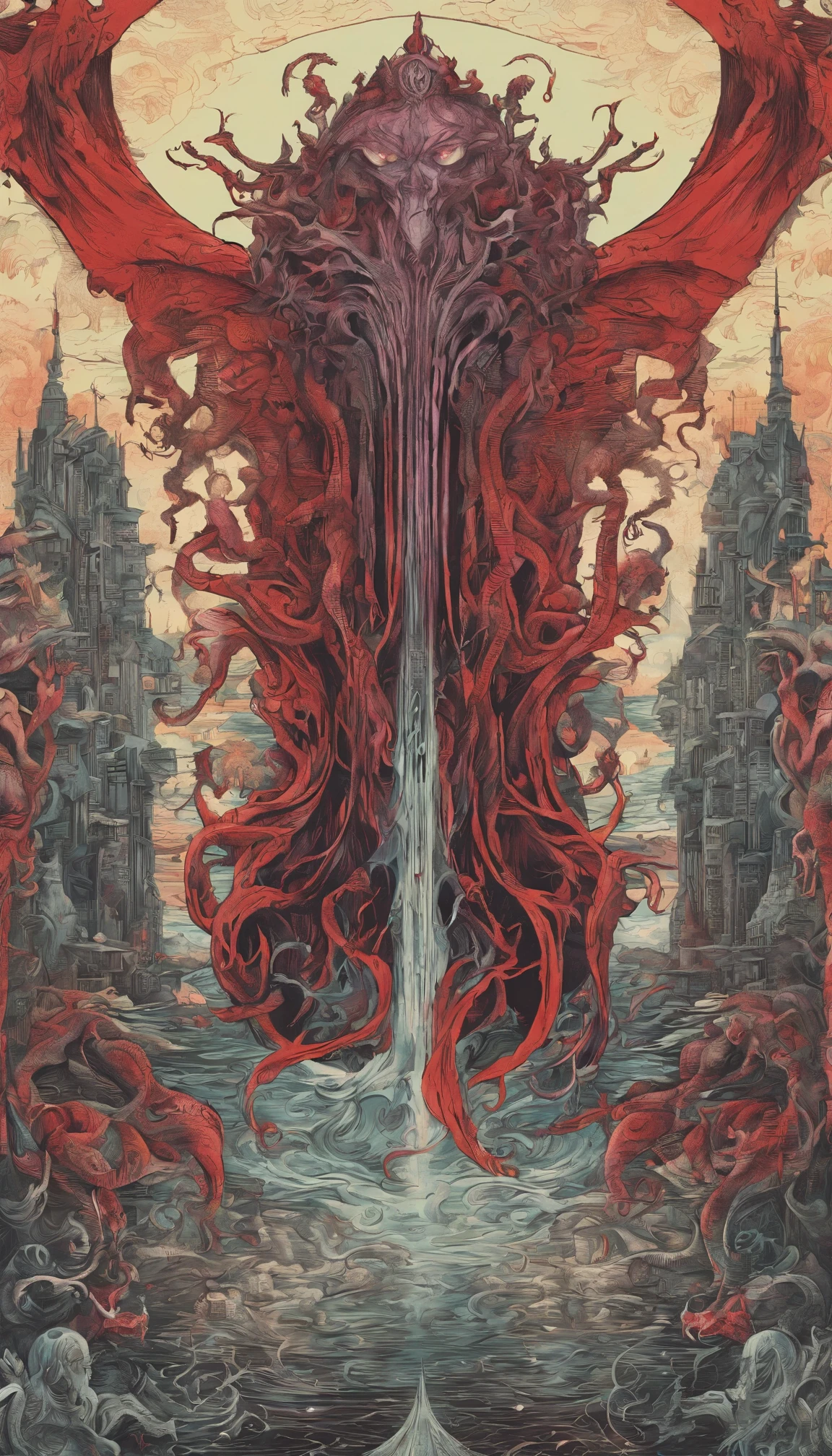 From the depths he emerges,
The Cthulhu's Parade in crimson hues.
Whispers of the otherworldly echo,
A festival where madness and beauty fuse.
In the night sky adorned with abyssal splendor,
Feathers stained with blood dance and soar.
Entwined by threads of fate,
The deranged revel in ecstasy's roar.
Oh mighty Cthulhu, ruler of the depths,
In our pursuit of desires so forlorn,
We embark on a path of madness and despair,
Guided by the disciples of the one we adorn.
On the grand boulevard, grotesque forms stride,
Where terror and beauty intertwine.
In the realm betwixt dreams and nightmares,
We surrender ourselves to euphoria's shrine.
Praise his name, the great Cthulhu,
Monarch of the abyss, the wellspring of our insanity.
In this eternal procession's stage,
We celebrate the coming of the world's calamity.