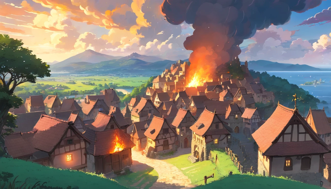 a medieval village, ruins, fire, storm, wide view, only five houses.