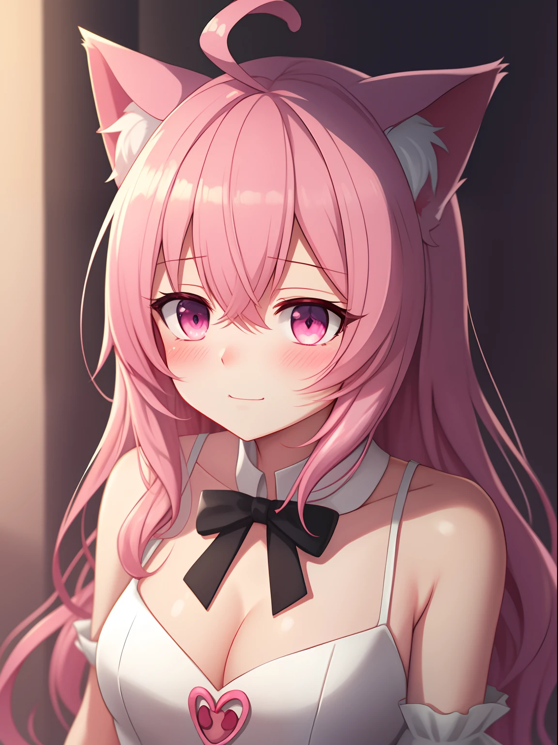 pink hair, Ahoge Heart, Shy, Blush, Eye Blush, Full blush, Cinematic lighting, drop shadow, Anime style, UHD, masterpiece, textured skin, anatomically correct, High Quality, high-detail,Anime Girl In Love,Very shy........ cat ears girl,Pale pink eyes,Cute evening dresses,ng,