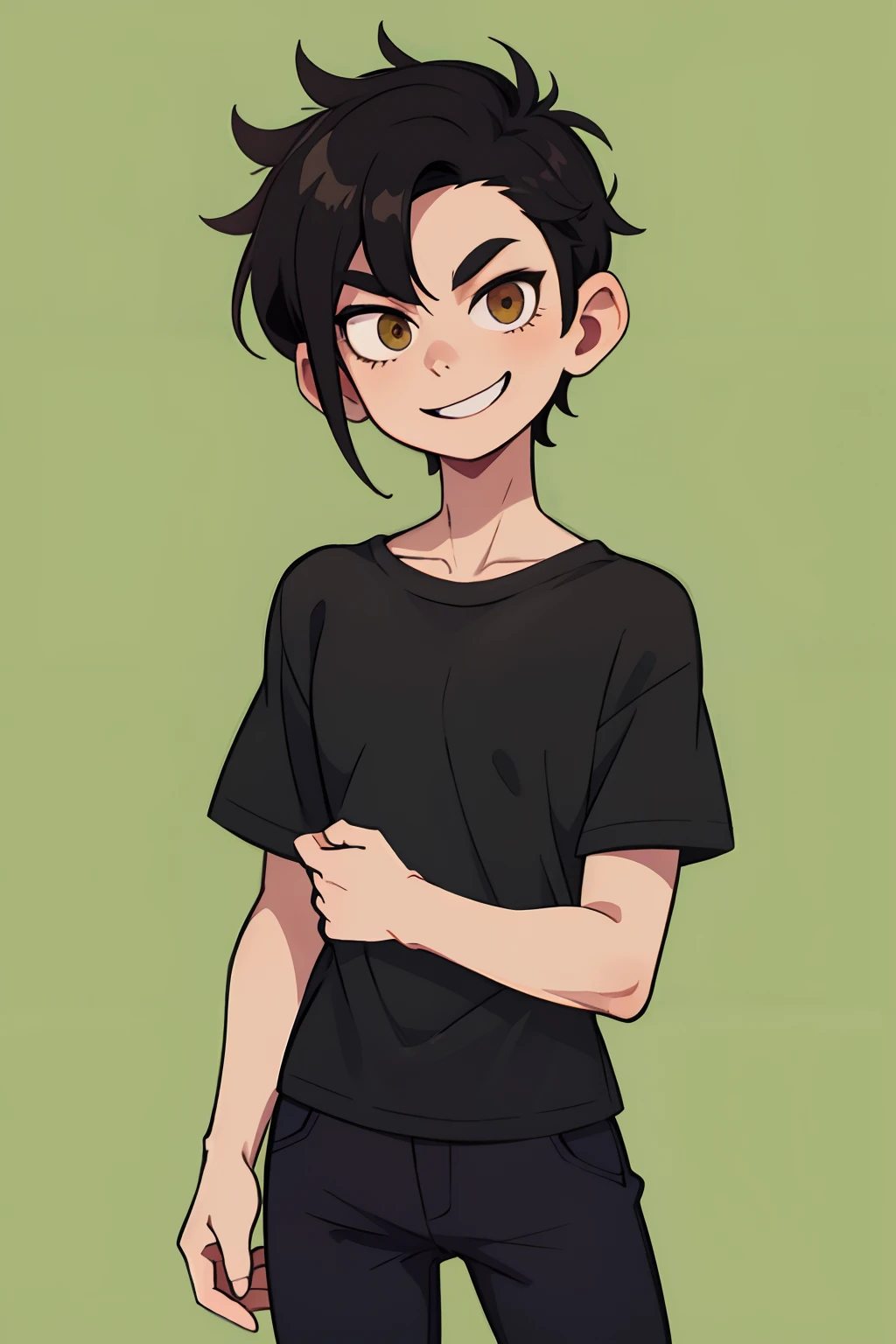 The guy with the black hair, pale skin, Green T-shirt, black jeans, brown eye, ssmile, stands