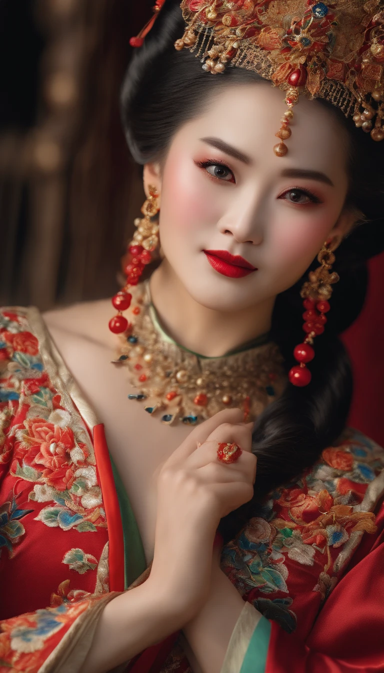 (High-res, 4K, Masterpiece:1.2),Ultra-detailed,(Realistic,photo-realistic:1.37),Traditional Chinese opera,Lady,Close-up shot,Exquisite makeup,vibrant clothing,captivating expression,Colorful headdress,Detailed Embroidery,exquisitefacialfeatures,beautiful eyes and lips,Exquisite traditional jewelry,Delicate brushstrokes,Impeccable lighting effects,Vibrant colors,A well-designed stage,Set against a magnificent backdrop,Pay attention to every intricate detail,An artistic interpretation of the essence of the character,Expressive facial expressions and gestures,Perfectly capture the essence of traditional Chinese opera,Unparalleled artistic beauty,Breathtaking visual spectacle,Classical elegance and elegance,Show the beauty of traditional Chinese culture,An exemplary blend of tradition and art