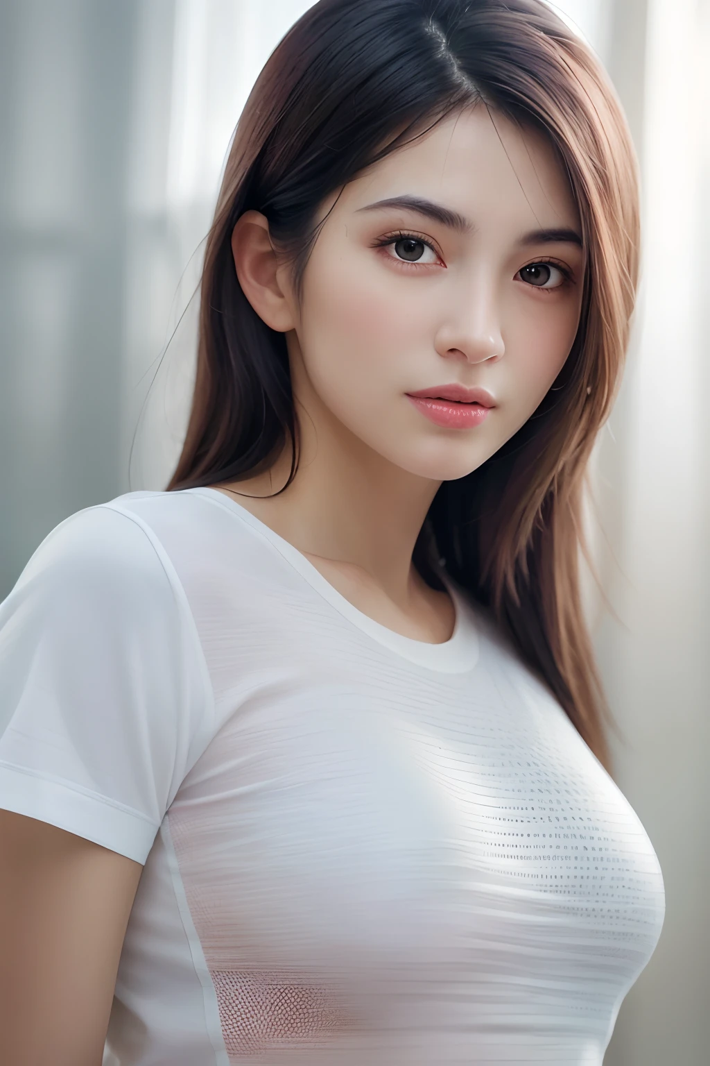 dressed, (photo realistic:1.4), (hyper realistic:1.4), (realistic:1.3),
(smoother lighting:1.05), (increase cinematic lighting quality:0.9), 32K,
1girl,20yo girl, realistic lighting, backlighting, light on face, ray trace, (brightening light:1.2), (Increase quality:1.4),
(best quality real texture skin:1.4), finely detailed eyes, finely detailed face, finely quality eyes,
(tired and sleepy and satisfied:0.0), face closeup, t-shirts,
(Increase body line mood:1.1), (Increase skin texture beauty:1.1)