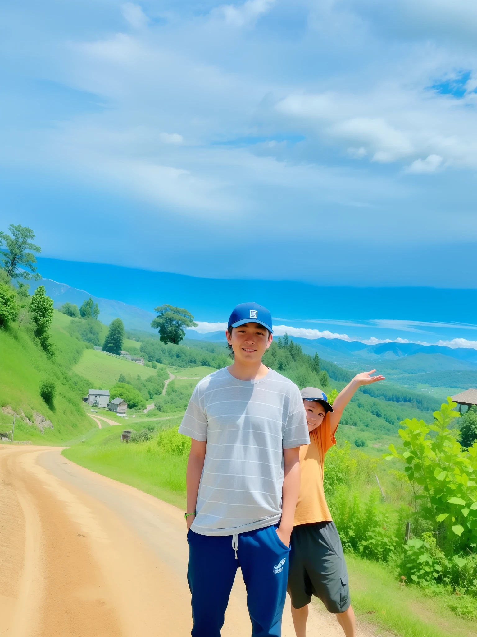 there is a man and a boy standing on a dirt road, hills in the background, moutain in background, with village, very very low quality picture, with mountains in the background, photo on iphone, scenary, captured on iphone, amidst nature, in a scenic background, in mountains, mountains in the background, vacation photo, taken with the best dlsr camera