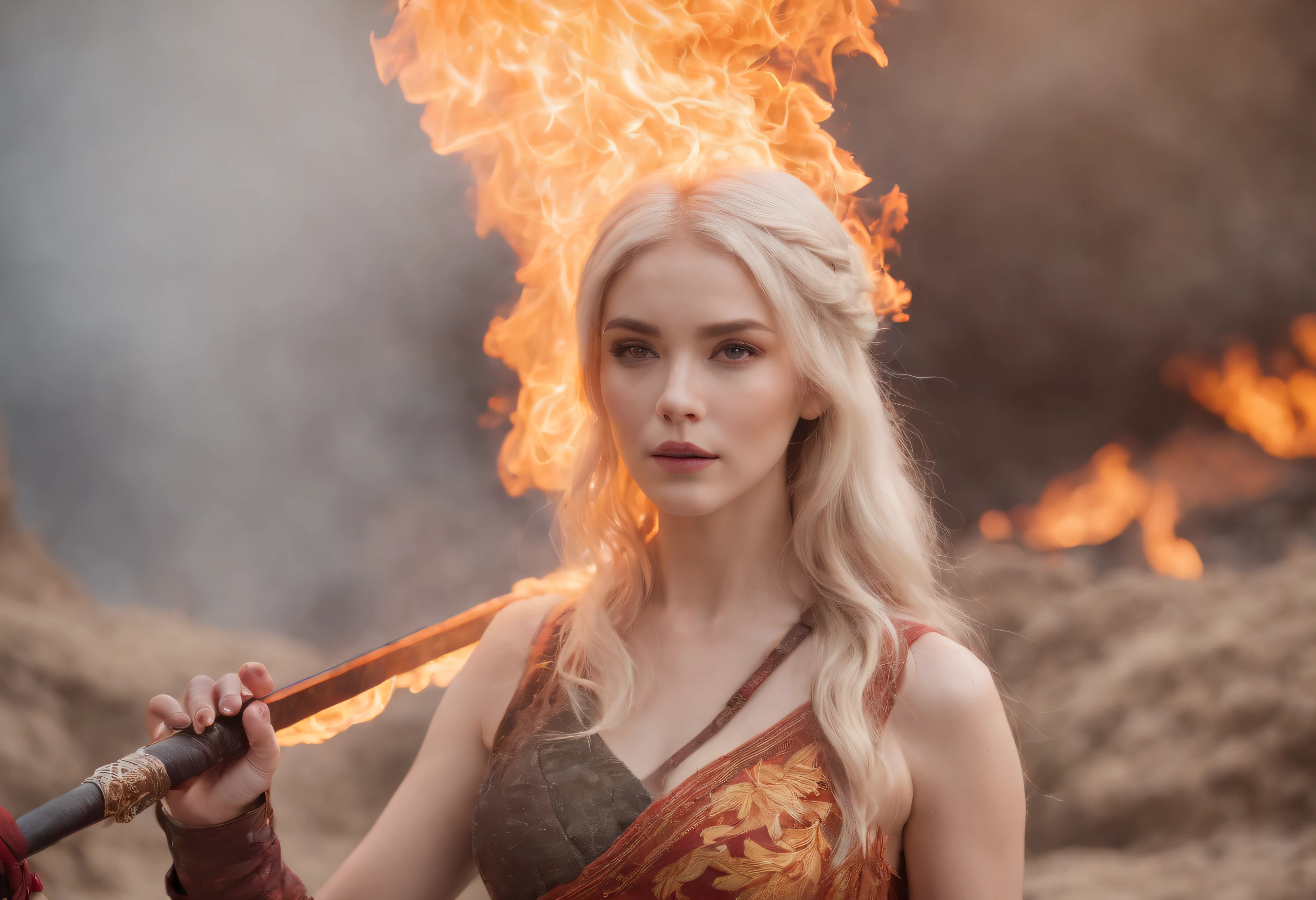 1girl in, Bangs, fire-breathing, burning, burnt clothes, embers, Ahoge, Beige hair, multicolored hair, fire, loimu, Flaming sword, (hand on hilt), Standing, Long hair,  pyrokinesis, deadpan, Smoke, flower(symbol),  Solo, sparks, Sunset, Twilight, white blossoms, molten rock, Lily (flower),  Fiery flowers, depth of fields, burning ,