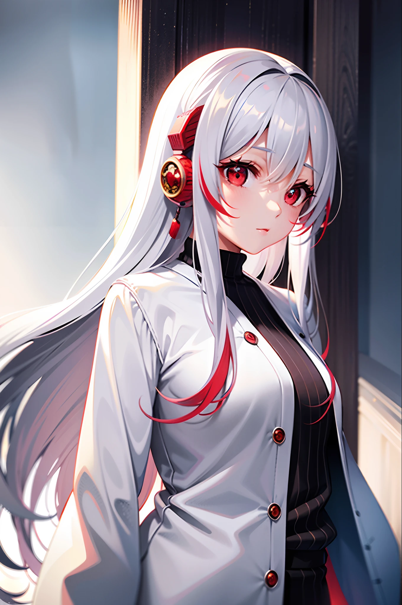 best quality, ultra-detailed, hyper-realistic, serene, solo piece, 1 girl, beautiful girl, gaze, (red eyes:1.5), (beautiful detailed eyes:1.2), (long flowing hair:1.2), (white hair:0.8), (silver hair:0.5), (wing-shaped bangs:0.5), (puffy pigtails:0.5), (ahoge:0.5), (hair accessories:0.5), (braided hair:0.5), clothing of a secret agent, white background, minimalist scenery