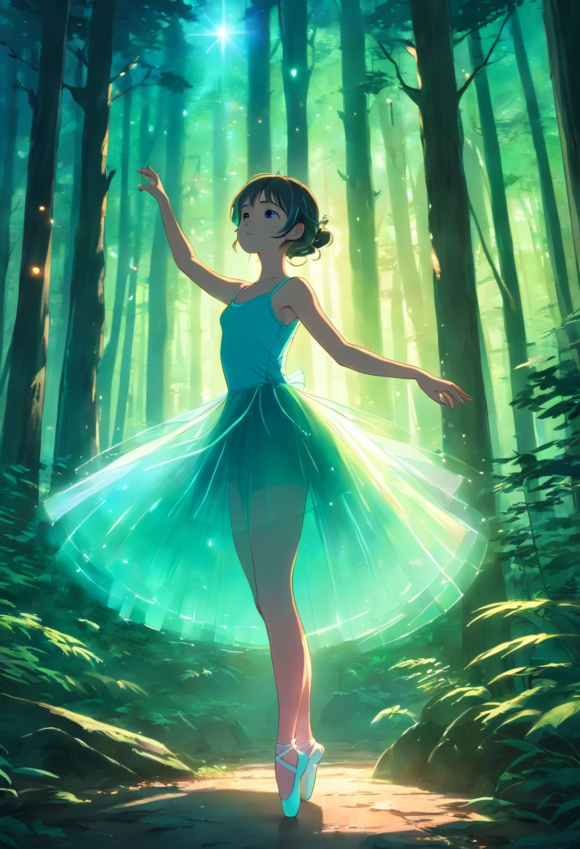 A girl dancing in the forest, wearing a translucent ballerina dress. The dress is gently illuminated by blue-green light in the distance, which shines through the dress and highlights the contours of her body. The background is a high and dark forest. (best quality, vivid colors, ultra-detailed, realistic, HDR), (concept artists, portraits), translucent dress, ballerina, girl, forest, blue-green light, contours of the body, high dark forest.
