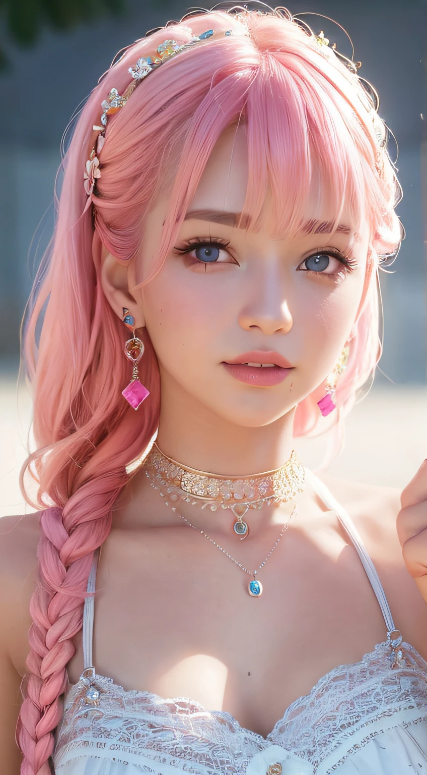 masterpiece,best quality,ultra-detailed,8K,detailed light,detailed shadow,RAW, (detailed skin),(realistic:1.2),
1girl,face, close up, detailed light, detailed shadow
pilyeon, jewelry, long single braided pink hair, looking at viewer, necklace,piercing, white background, heart, closed mouth, blue eyes, nail polish, simple background, pink hair, ear piercing, smile, eyelashes, pink lips, bangs, bracelet, gem, earrings, fingernails