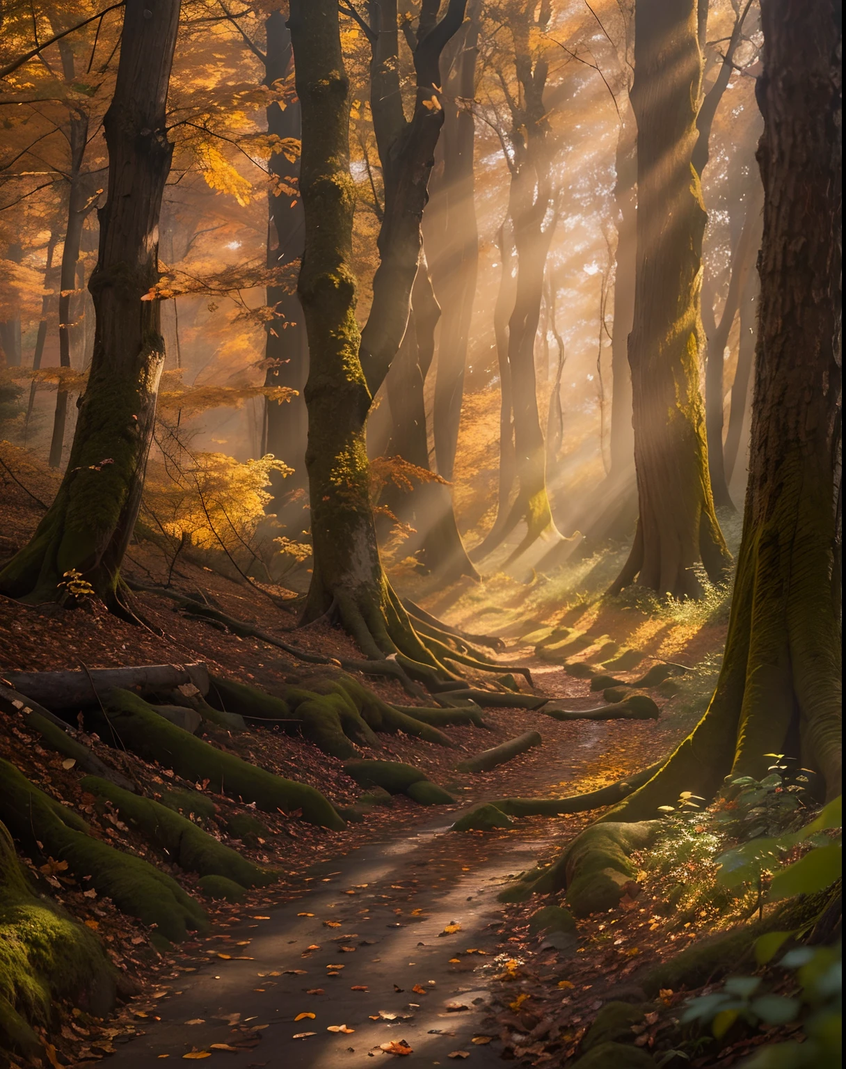 A detailed autumn scene, sunbeams, cinematic, epic, forest, fantasy forest, Earthy colors, 200mm lens, f/2.0, Masterpiece, best quality