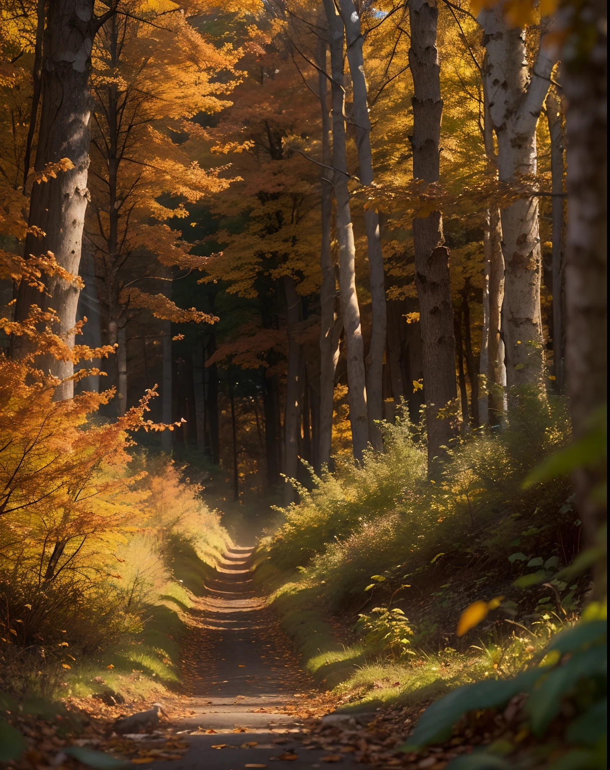 A detailed autumn scene, sunbeams, cinematic, epic, forest, fantasy forest, Earthy colors, 200mm lens, f/2.0, Masterpiece, best quality