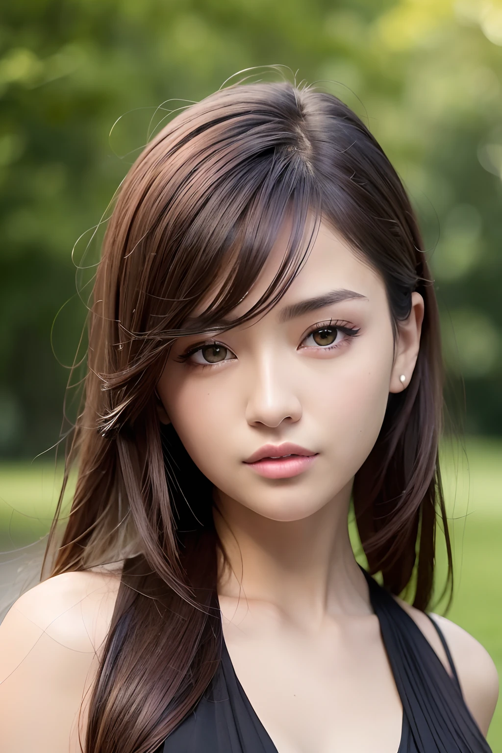 8k wallpaper, Raw photo, (​masterpiece), (top-quality), Hi-Res, (realisitic, Photorealsitic:1.4), ultra-detailliert, physically-based renderingt, Detailed beautiful eyes and detailed face, Brown eyes, depth of fields, Beautiful park