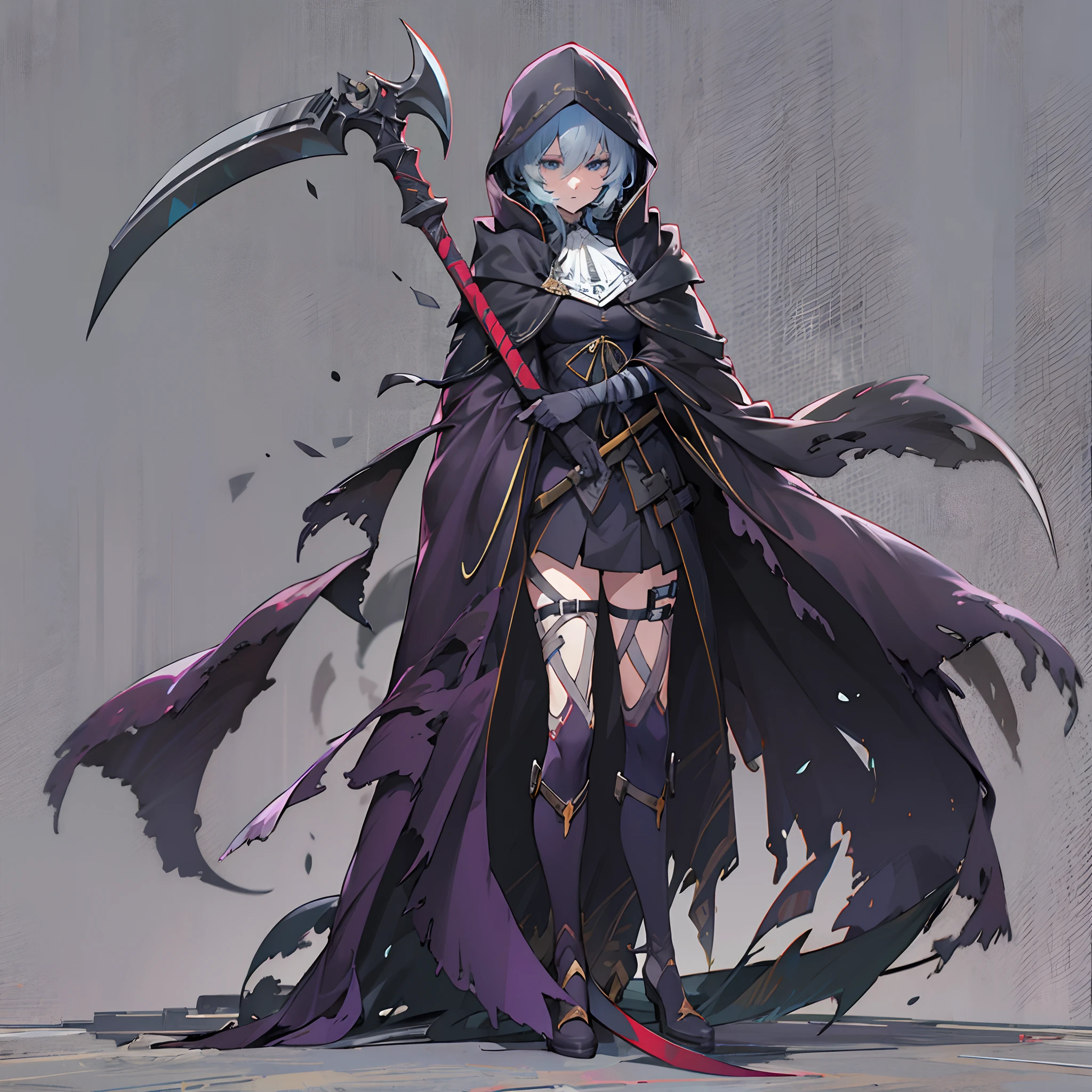 Anime artstyle, holding a scythe, wearing a stylish dark cloak, wrapped in bandages,full body,white background, wallpaper, HD quality, extremely detailed, highest quality digital art