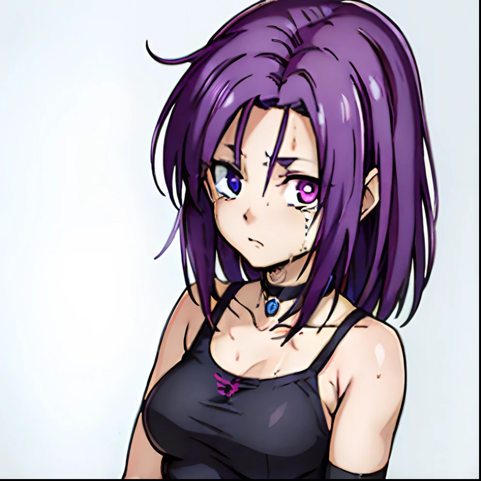 best qualtiy，tmasterpiece, High quality, solo, purple hair, length hair, hairpin, heterochromia, green eyes, purple eyes, reo mikage, bluelock, Bare shoulders, no sleeves, camisole, chinese clothes, choker, arm warmers, bandages, scar, tears, crying face, big breasts