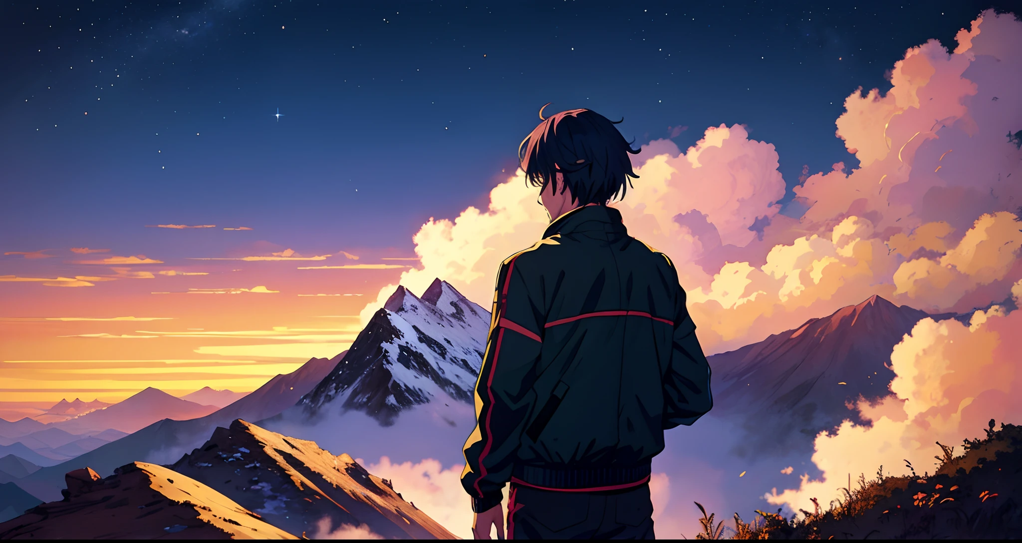 Anime boy cool illustration wearing a jacket in top of the mountain night 4k View from back side -17 bitious type