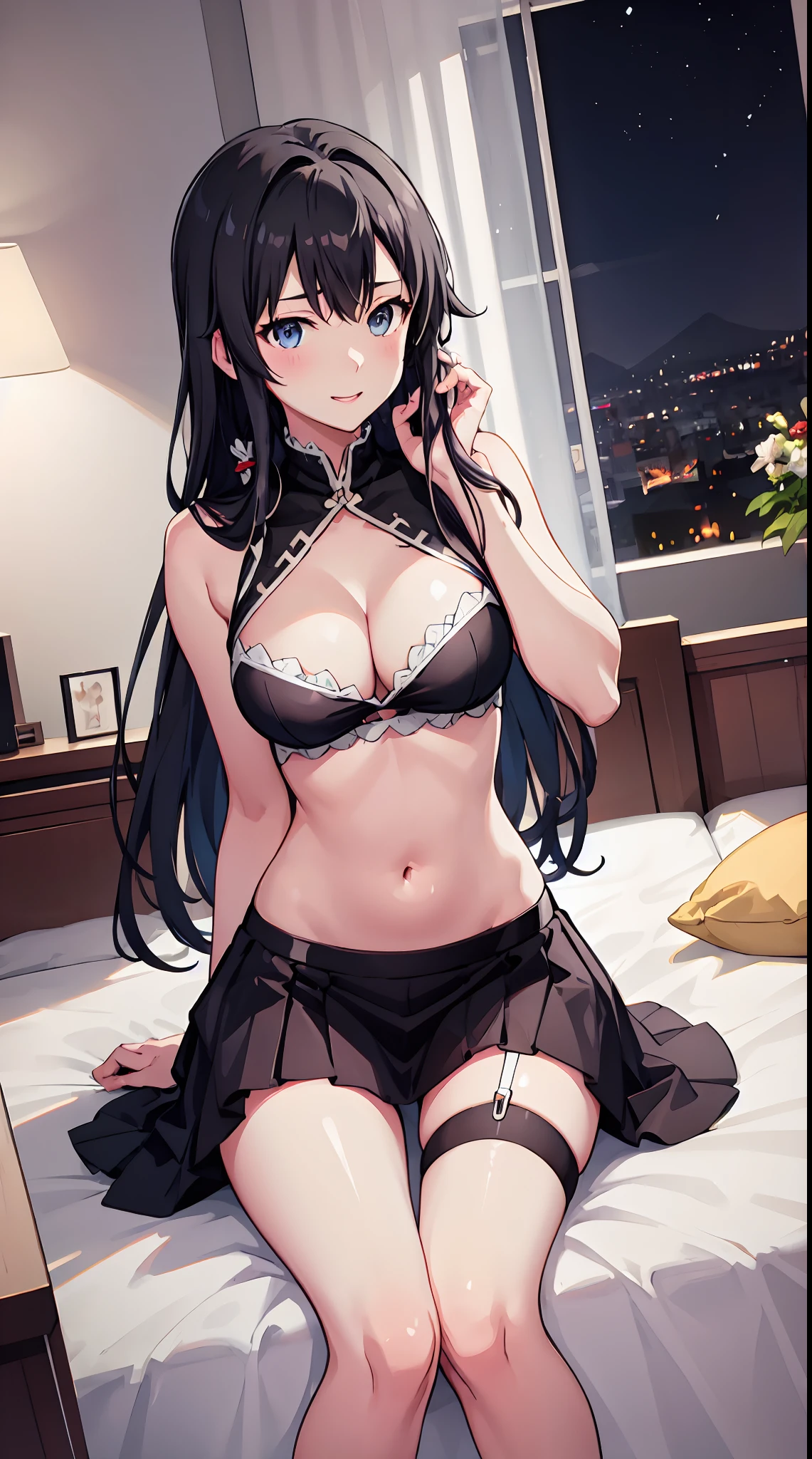 Yukino yukinoshita, long hair, cleavage, navel, slim legs, black hair, blue eyes,  short skirt, thigh high socks, teen, happy, gown, bedroom, night, areola , narrow waist