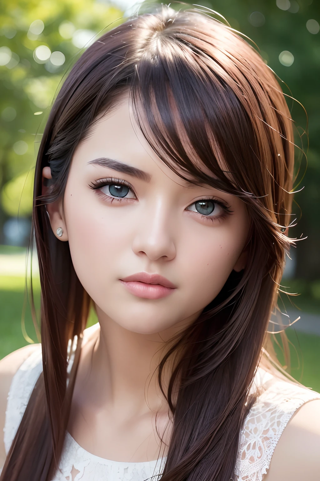 8k wallpaper, Raw photo, (masterpiece), (top-quality), Hi-Res, (realisitic, Photorealsitic:1.4), ultra-detailliert, physically-based renderingt, Detailed beautiful eyes and detailed face, Brown eyes, depth of fields, Beautiful park