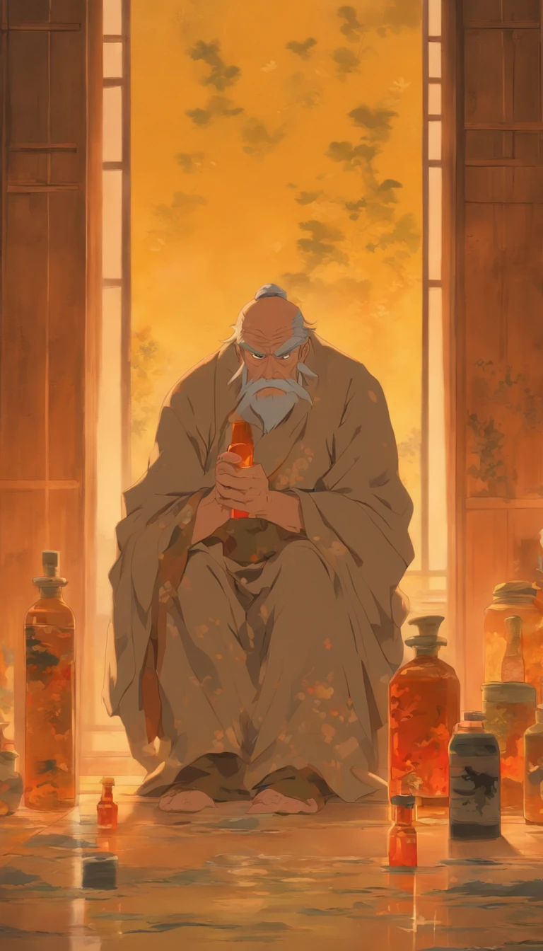 The old man with a solemn expression held a bottle of healing medicine, Two women covered in bruises and scars, with a look of anguish,tired looking, In a quiet scene,It seems to be an abandoned room, ,32K, Best quality, Masterpiece, Super detail, High detail in the style of Yoshidai Monogatari anime