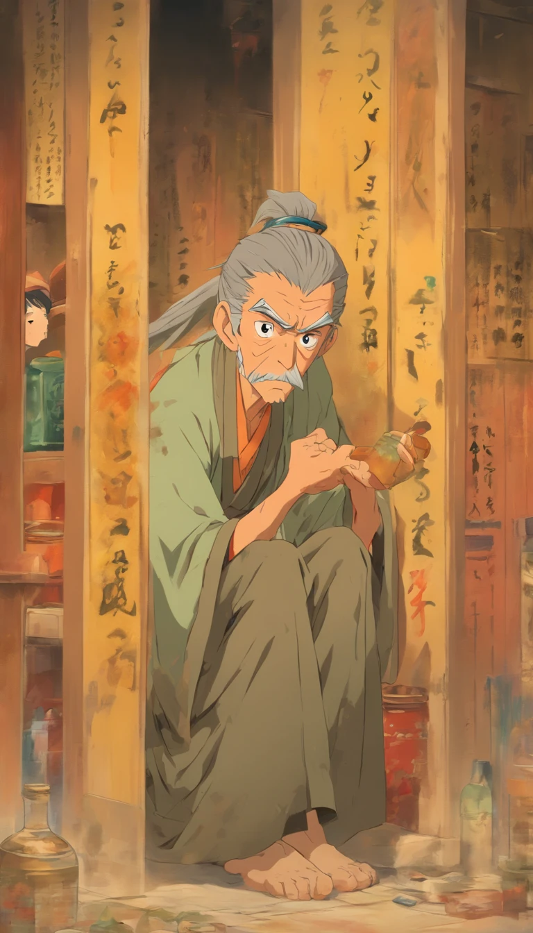 The old man with a solemn expression held a bottle of healing medicine, Two women covered in bruises and scars, with a look of anguish,tired looking, In a quiet scene,It seems to be an abandoned room, ,32K, Best quality, Masterpiece, Super detail, High detail in the style of Yoshidai Monogatari anime