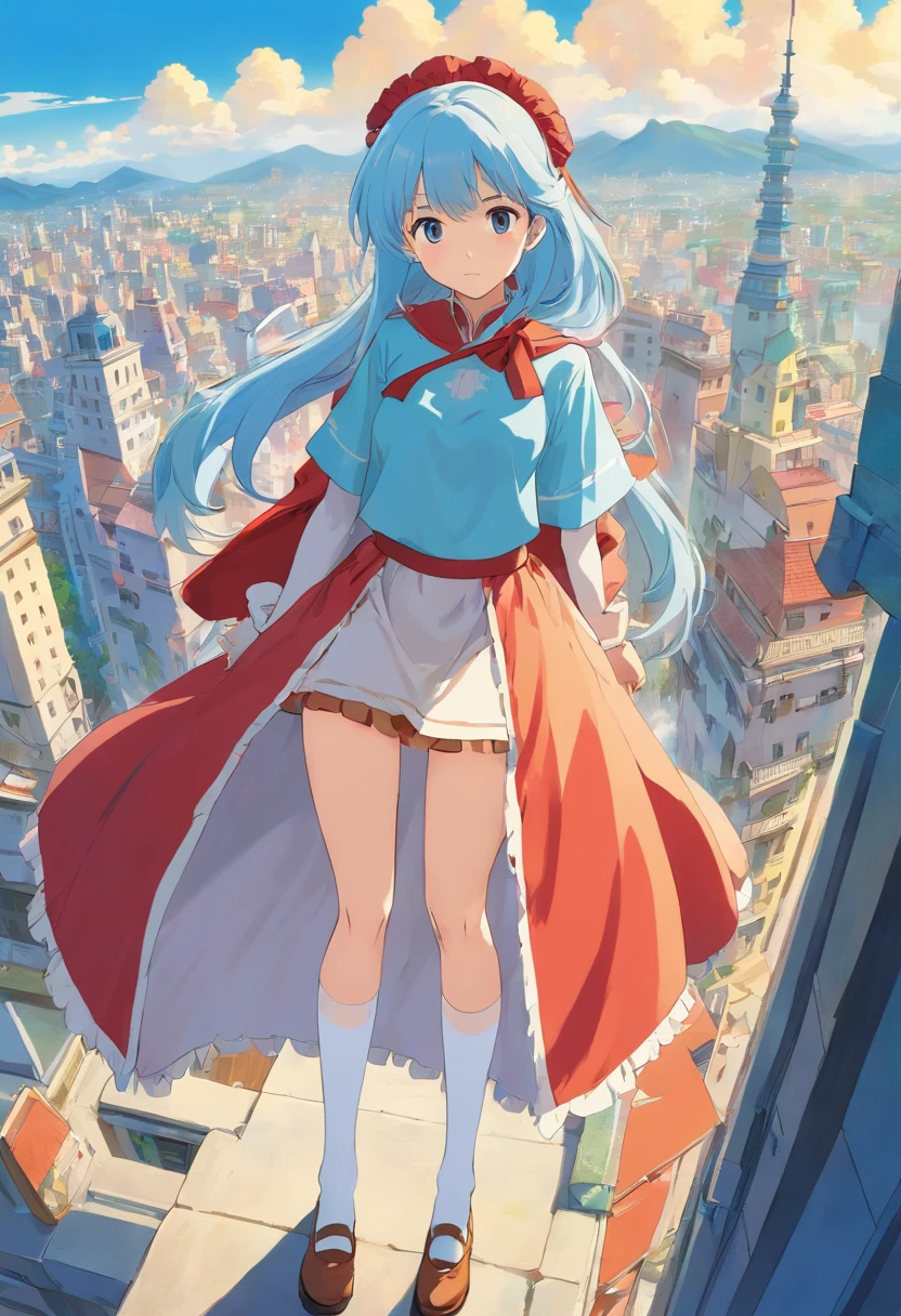 Masterpiece,Extremely tall maiden,A giantess,Huge maiden,Slender calves,Full limbs,Long-range shots,whaite hair,white stockings,A girl as tall as a skyscraper,JK skirt