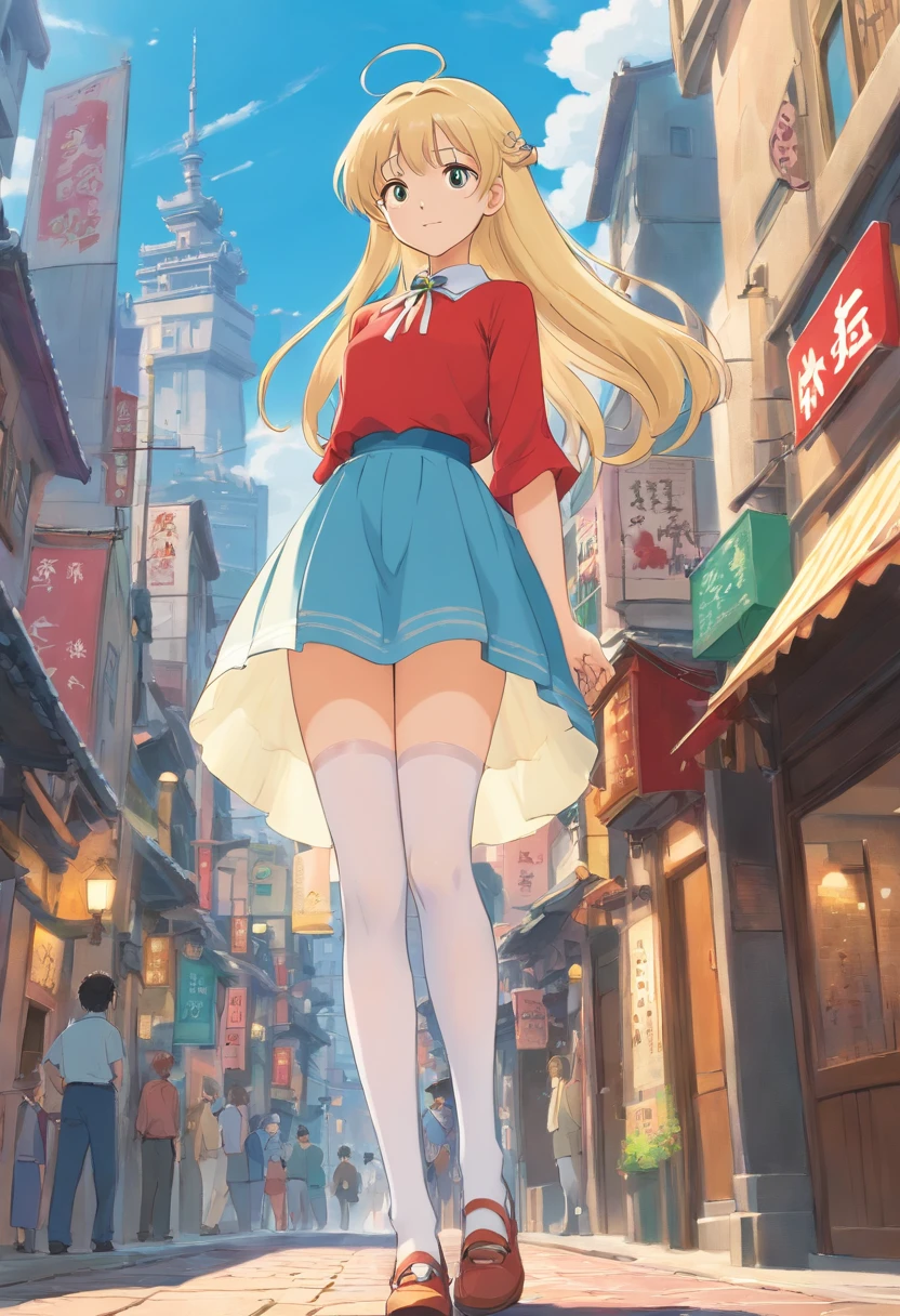 Masterpiece,Extremely tall maiden,A giantess,Huge maiden,Slender calves,Full limbs,Long-range shots,whaite hair,white stockings,A girl as tall as a skyscraper,JK skirt