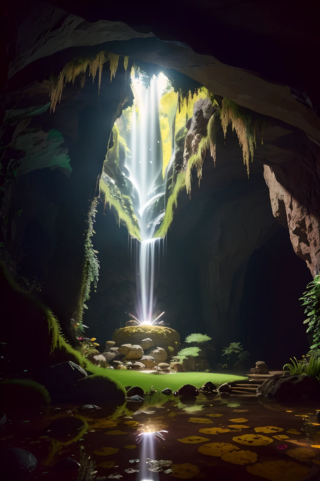 POV, wide angle shot, (beautiful lush underground world, stream, underground castle), (cave), fantasy, natural sunlight from magical orb, raytracing, diffused lighting, vivid colors, (highly detailed, fine details, intricate), photographed on a Sony Alpha 7R V, 24mm ultra wide lens, 8k resolution, Award-winning photograph