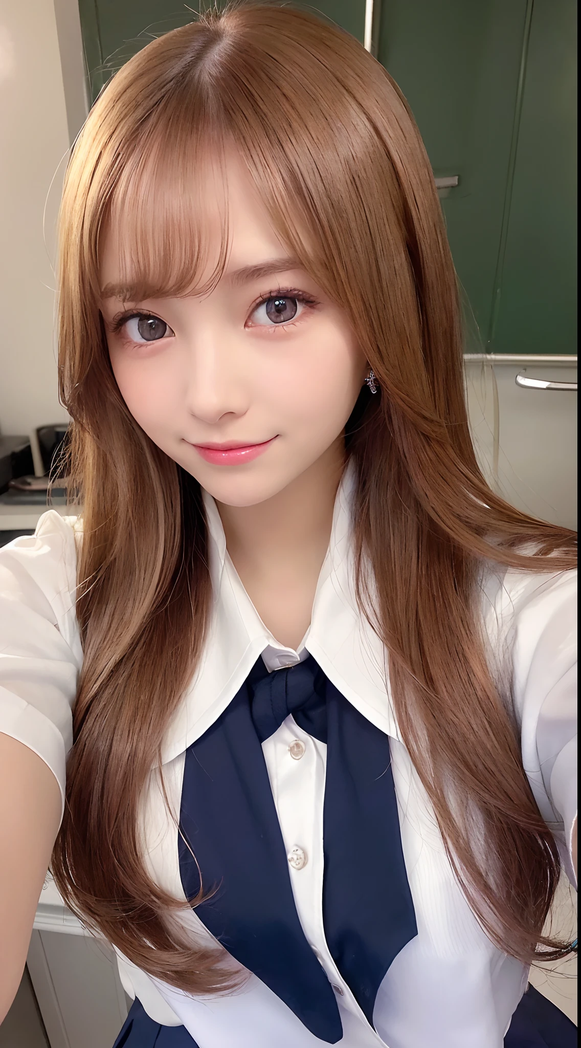 (from the front side),(Face:1.3),(Eye focus:1.4),(close up:1.3),(wide eyes:1.3),Attractive eyes,Eyelashes,Round eyes,jewelry eyes,Twinkle Eyes,slanted eye, eyesight, long eyelashes, Eye Highlights,(Smile with open mouth),look at viewr,Light transparency, Diffraction of light, Best Quality, masutepiece, High quality, High resolution, Detailed, (1womanl), (high-school uniform:1.5), Beautiful face, Full face blush:1.3, Beautiful eyes, (Raspberry Gold Hair), (Very long hair), (18year old,) (ample breasts:1.2), (A smile:1.2),perfect fingers in perfect hands,((a smile:1.2))