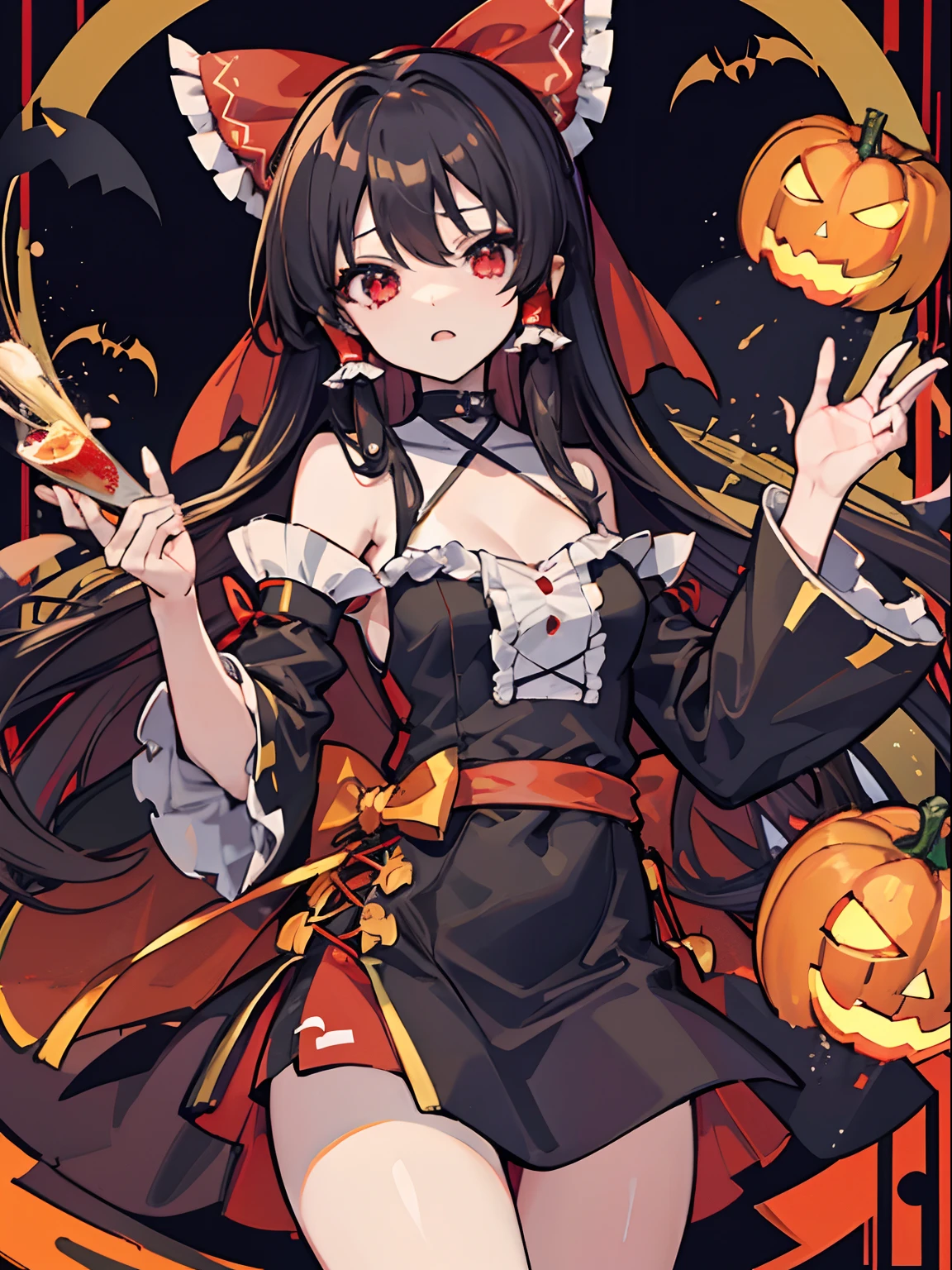 masutepiece, Fine detail, 4K, 8K, 12K, Solo, 1 person, Beautiful Girl, caucasian female, reimu hakurei, Black hair, Long hair, Halloween, 🎃、Black Dress、Sister's clothes、nun clothes