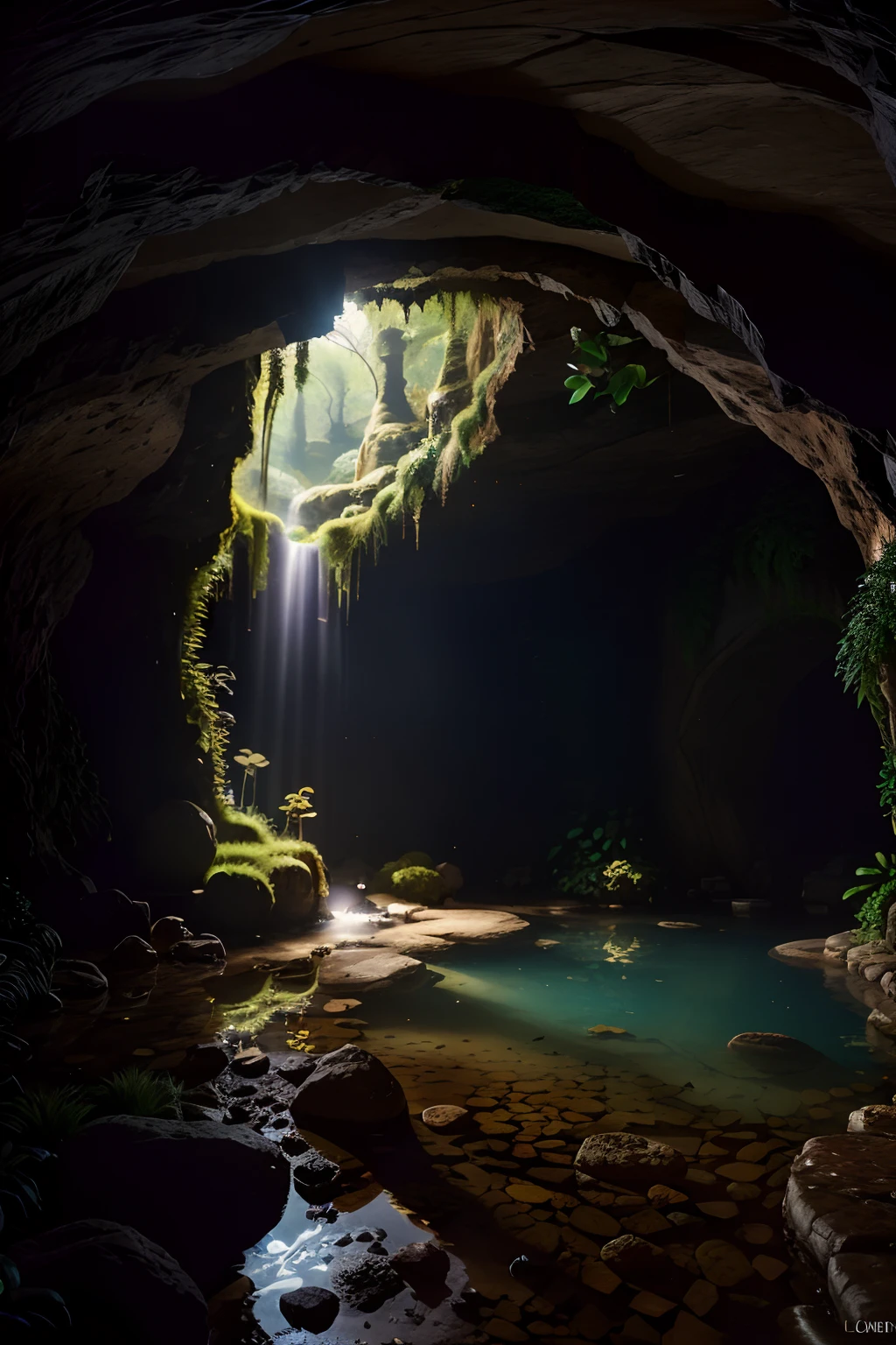POV, wide angle shot, (beautiful lush underground world, stream, underground castle), (cave), fantasy, natural sunlight from magical orb, raytracing, diffused lighting, vivid colors, (highly detailed, fine details, intricate), photographed on a Sony Alpha 7R V, 24mm ultra wide lens, 8k resolution, Award-winning photograph