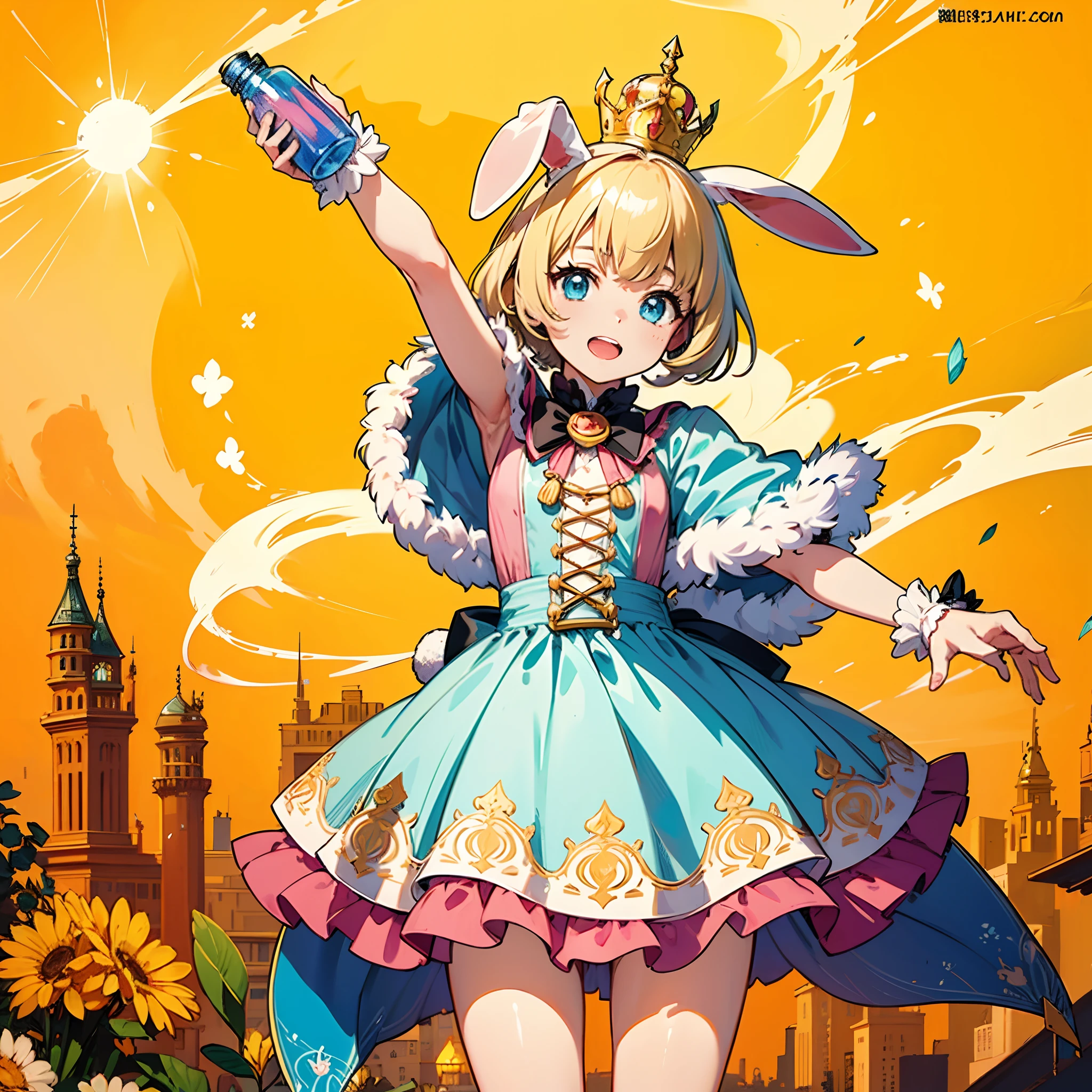 (())、A girl child、(rs))、droopy ears、((Rabbit tail))、((Holding a magic bottle))、Little Princess Costumall Effect, glow effect, In the style of anime art, 𝓡𝓸𝓶𝓪𝓷𝓽𝓲𝓬、meticulous, Realistic Pop Music, neo-fauvism, order, 8K、Cute castle background、Rabbit paradise,