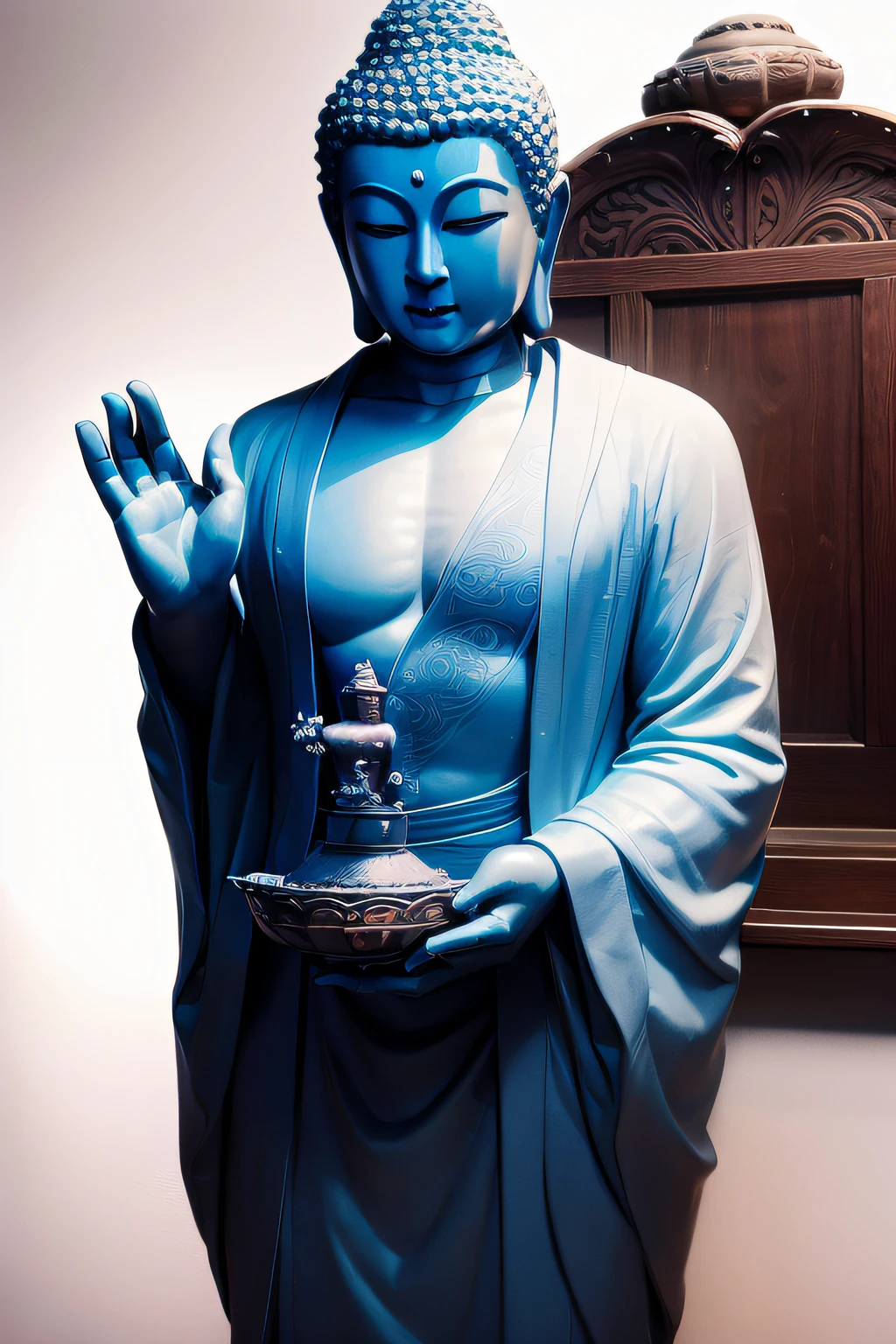 There is a blue Buddha statue of a man in a hoodie and wearing a kimono facing the front Buddha, the buddha, buddhism, beautiful image