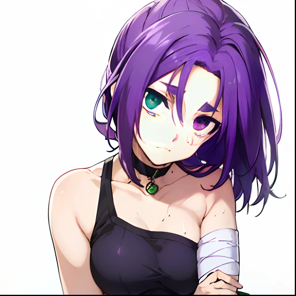 best qualtiy,tmasterpiece, High quality, Solo, purple color hair, length hair, Hairpin, Heterochromia, Green eyes, Purple eyes, Reo Mikage, Blue Lock, Bare shoulders, no sleeves, Camisole, chinese clothes, Choker, arm warmer, bandaged, Scar, Tears, Crying face, Big breasts