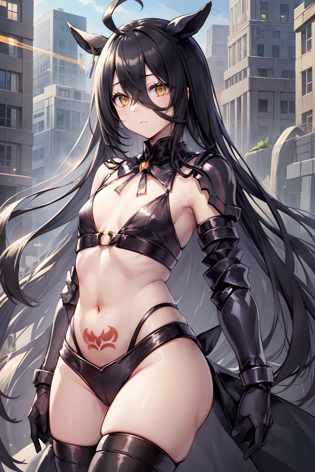 Super masterpiece, ultra best quality,Ultra-high image quality,((((Pixiv style of painting)))), (cowboy shot),(Full body diagram),((1girl in)), (((Crow-style plague mask equipped on the face)),((Crow-inspired black battlesuit)),(( Crow Style Shoulder Body Armor)), (manhattan-cafe),(((long shiny black hair))),((Ahoge with a gray hair color different from the hair color)), (((Long black elongated bangs run down the face))),(Black-haired horse ears),(black horse tail),(((Golden eyes without highlights))),(((flat chest))),((Realistic butterfly on shoulder and stomach々Tattoos)),(((Realistic butterfly in the middle of chest plate々Tattoos))),(((Exposed belly, Inguinal and thoracic))),(((Modern city rooftop at night)))