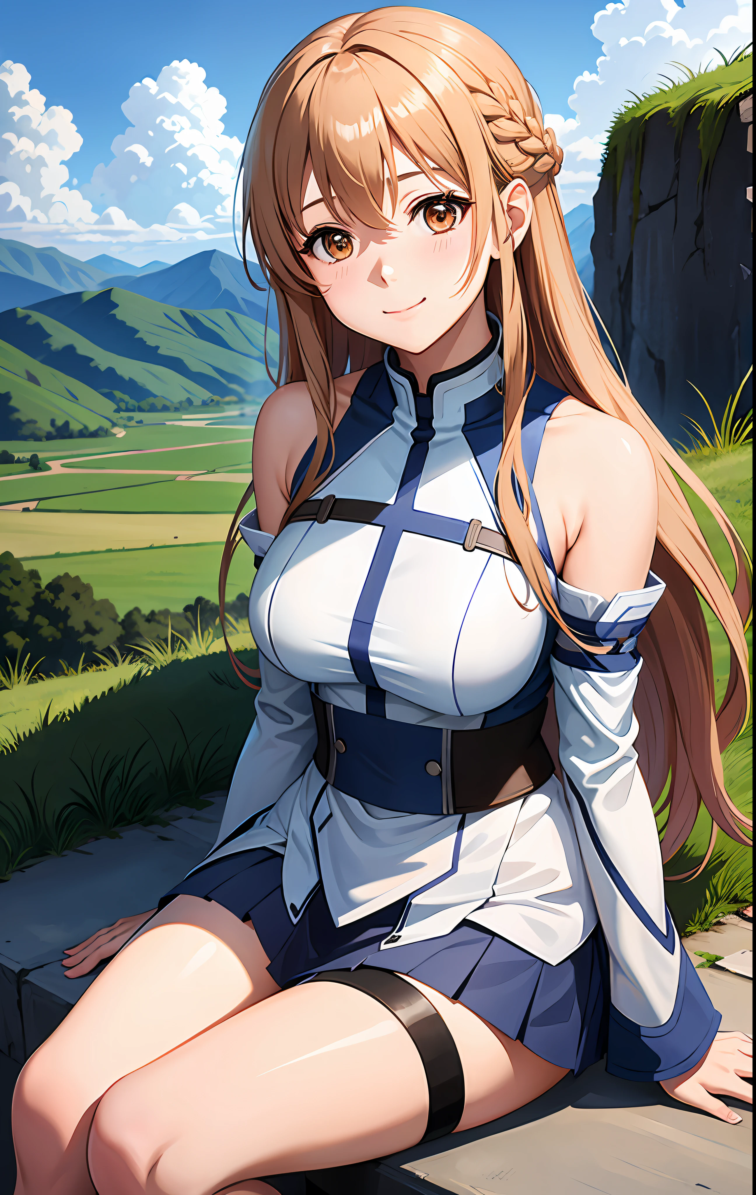 1girl, asuna_\(sao\), bangs, bare_shoulders, blue_sky, blush, boots, braid, breastplate, breasts, brown_eyes, closed_mouth, cloud, cloudy_sky, day, detached_sleeves, grass, hair_between_eyes, long_hair, looking_at_viewer, mountain, outdoors, rock, sitting, skirt, sky, smile, solo, thighhighs, very_long_hair