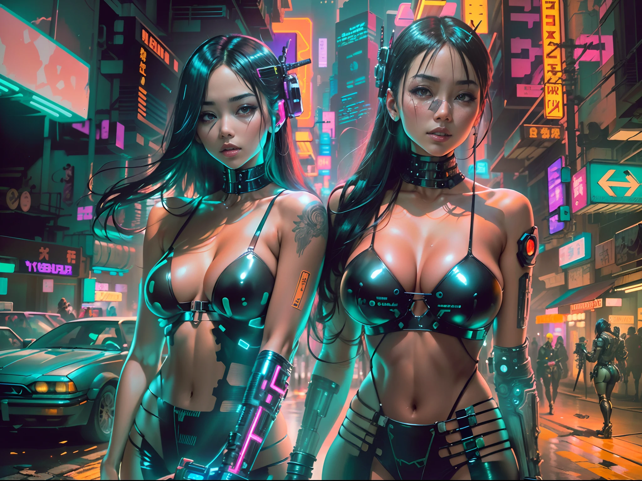 (beautiful Asian identical twin cyberpunk girls in middle of composition:1.3), (((ultra detailed neon cyberpunk futuristic city ))),black long shapeless hair, detailed and intricate (((cyberpunk city streets background))), featuring high-tech holographic projections and sleek architecture, art by (((Syd Mead, Masamune Shirow))), highly detailed photo realistic, god rays, ultra sharp focus, ultra high quality, vibrant, (big breasts:1.7), shiny latex is black, latex stockings, long hair, (shiny skin:1.4), shiny lips, (symmetrical detailed face:1.7), toned, sexy, masterpiece
