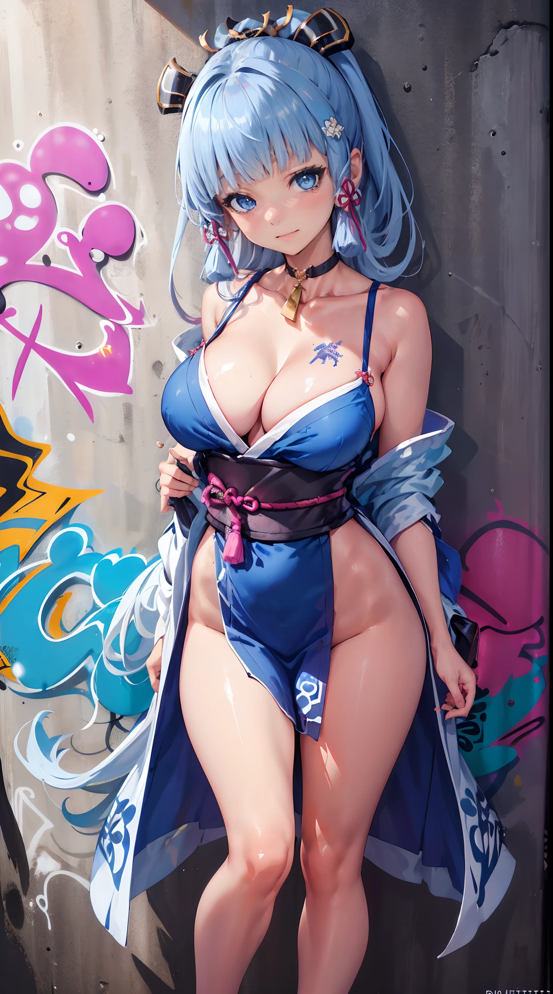 kamisato ayaka|genshin impact, master-piece, bestquality, 1girls, oversized breasts, bara, Wearing a kimono, Miko Dresses, choker, (Graffiti:1.5), Splash with purple lightning pattern., arm behind back, against wall, View viewers from the front., Thigh strap, Head tilt, bored, water eyes,