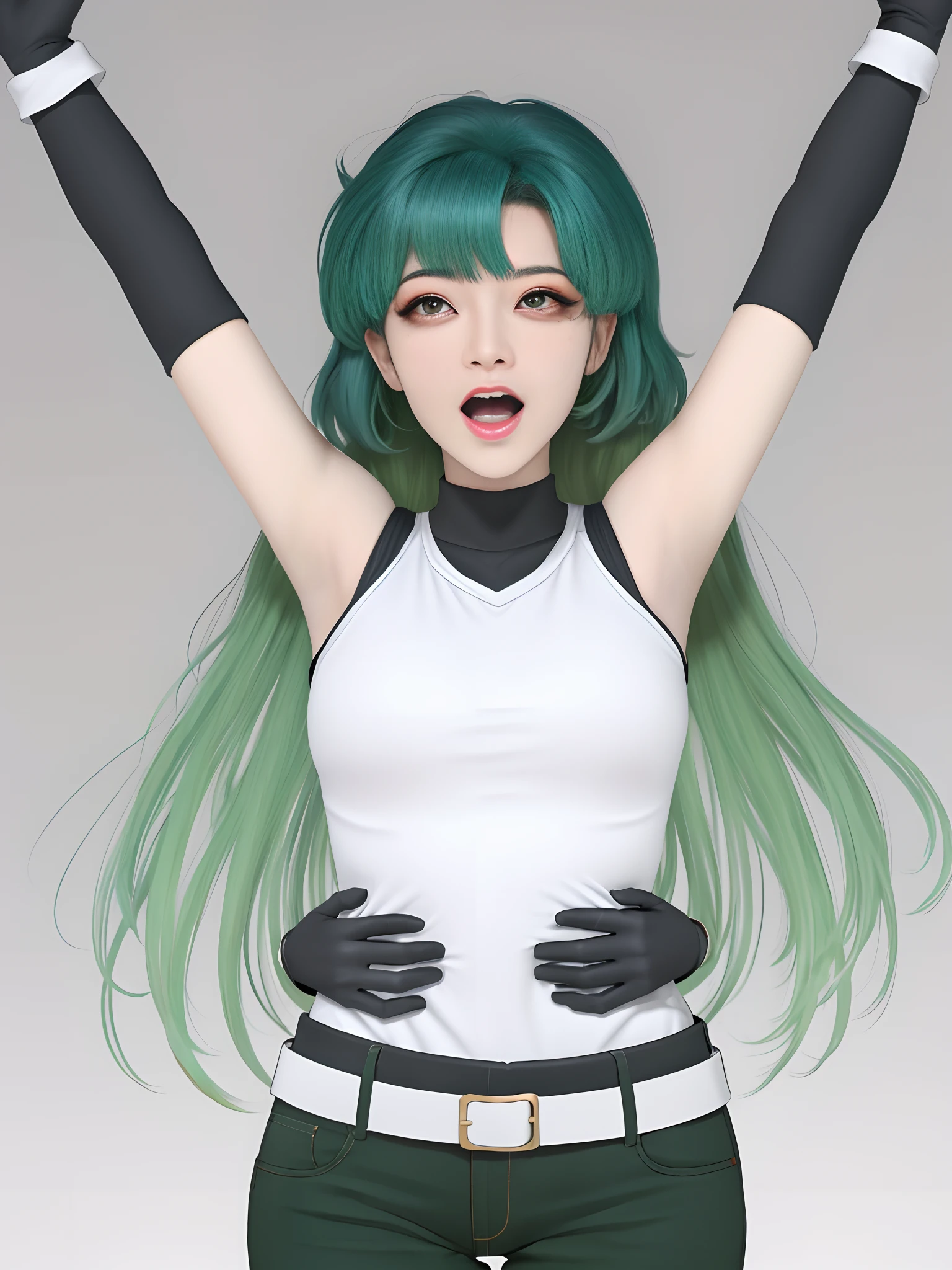 tmasterpiece, Best quality at best, 1girll, 独奏, teardrop, Be red in the face, dreads, scream, and the tongue sticks out, laughingly, with her mouth open, roll eyes, head looking up, full bodyesbian, Armpits, Arms up, (Torso grab, Tickle, mitts, Intangible limbs:1.2), TKL