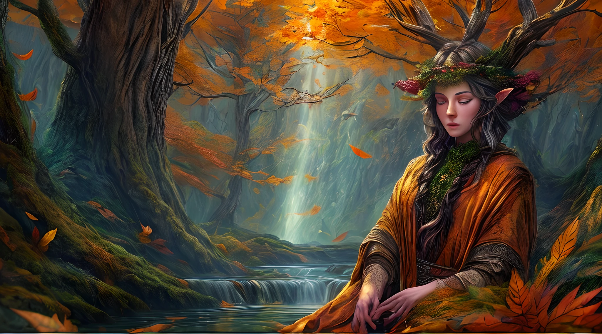 high details, best quality, 8k, [ultra detailed], masterpiece, best quality, (extremely detailed), dynamic angle, ultra wide shot, photorealistic, fantasy art, dnd art, rpg art, realistic art, an ultra wide picture of druid grove in a fantasy autumn forest and its druid warden observing all, a fantasy forest (intricate details, Masterpiece, best quality: 1.5), (at autumn: 1.5), in orange, red, yellow brown leaves, many trees, a stream of water (intricate details, Masterpiece, best quality: 1.5), waterfall (intricate details, Masterpiece, best quality: 1.5), human female druid, full body (intricate details, Masterpiece, best quality: 1.5), exquisite beautiful woman druid (intricate details, Masterpiece, best quality: 1.5), ultra detailed face (intricate details, Masterpiece, best quality: 1.6), black hair, long hair, wavy hair (intricate details, Masterpiece, best quality: 1.5),, dynamic eyes color, fair skin, wearing blue cloak (intricate details, Masterpiece, best quality: 1.5), green robe (intricate details, Masterpiece, best quality: 1.5), cinematic light, pastoral atmosphere, divine light, gods rays, fantasy_world