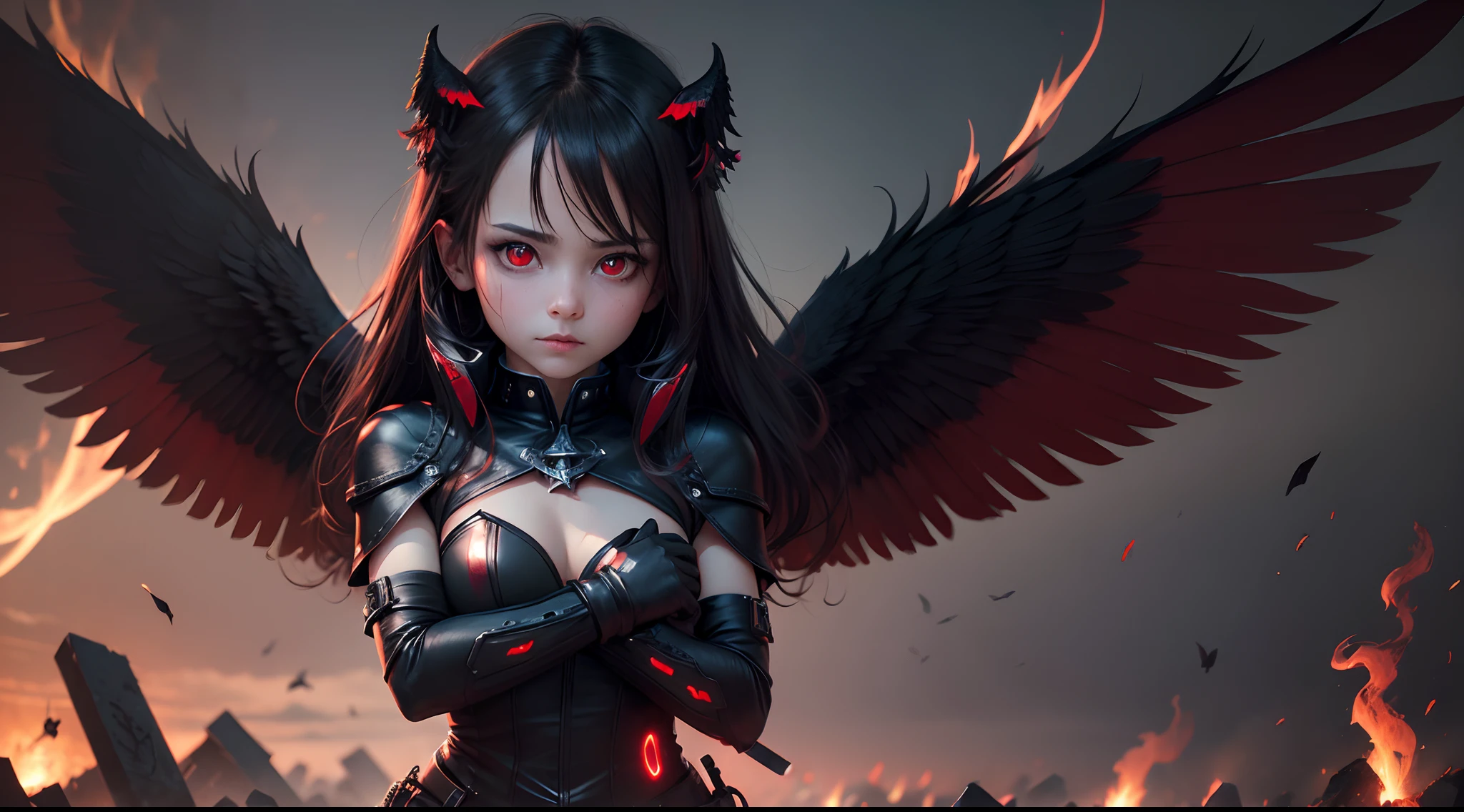 (best quality, ultra hd, realistic:1.2), fallen angel, cute and evil behavior, red eyes, black wings, glowing evil light in the background, epic look, red angel.
