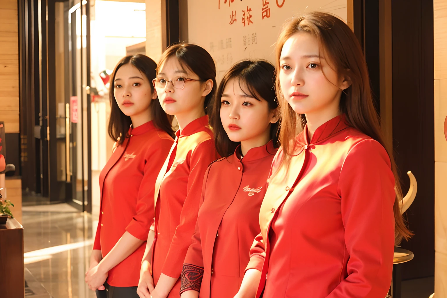 Arad women in red uniforms stood in a row, Golden Hoop Stick, wearing red attire, Red Uniform, Wonderful, Wearing a red cheongsam, looking partly to the left, Cheongsam, corporate photo, marketing photo, Li Zixin, ellegance, poster shot, Group photo, subtitles, portrait shooting, warm and joyful atmosphere, comfortable, Beautiful women