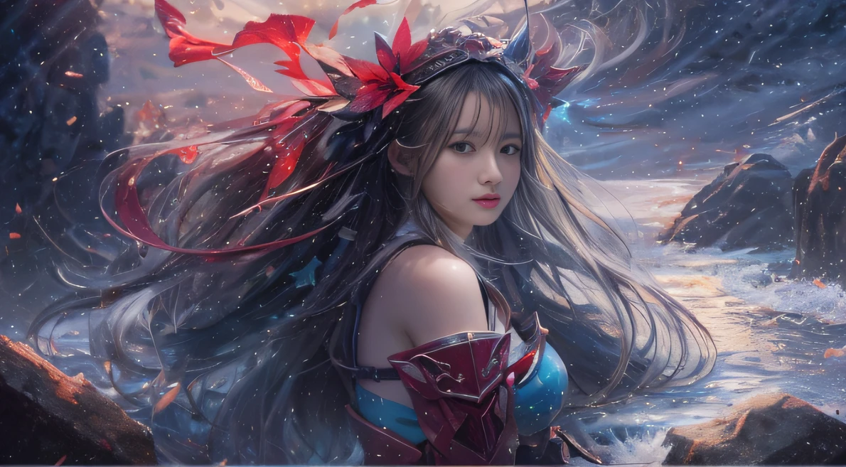 Water Goddess 32K，复杂，ellegance，highly  detailed，A majestic，Digital photography，Autumn cowboy shot，surrealism painting，Broken rubies，Beating magic，Entwined water magic，（tmasterpiece，Cinematic light，Fine beautiful eyes：1.2），hdr，Void 5 Energy Storm，(China 1 girl，Black eyes:1.5），paleskin，Glowing skin，(sitting on the stone：1.5），delicated face，Black color hair，Wearing palatial red armor，cropped shoulders，nabel，short  skirt，Beautiful light blue armor，Rained，big breasts beautiful，looking at viewert，Face away from the camera，tmasterpiece，Side upper body,Side portrait close-up