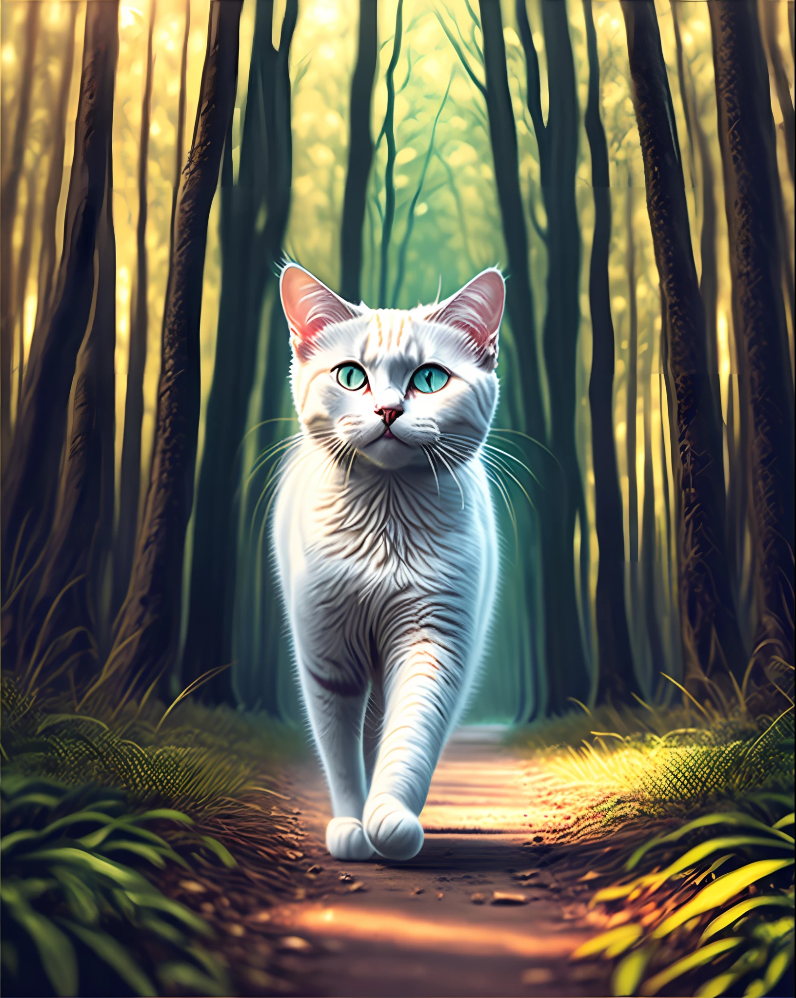 White cat walking in the woods