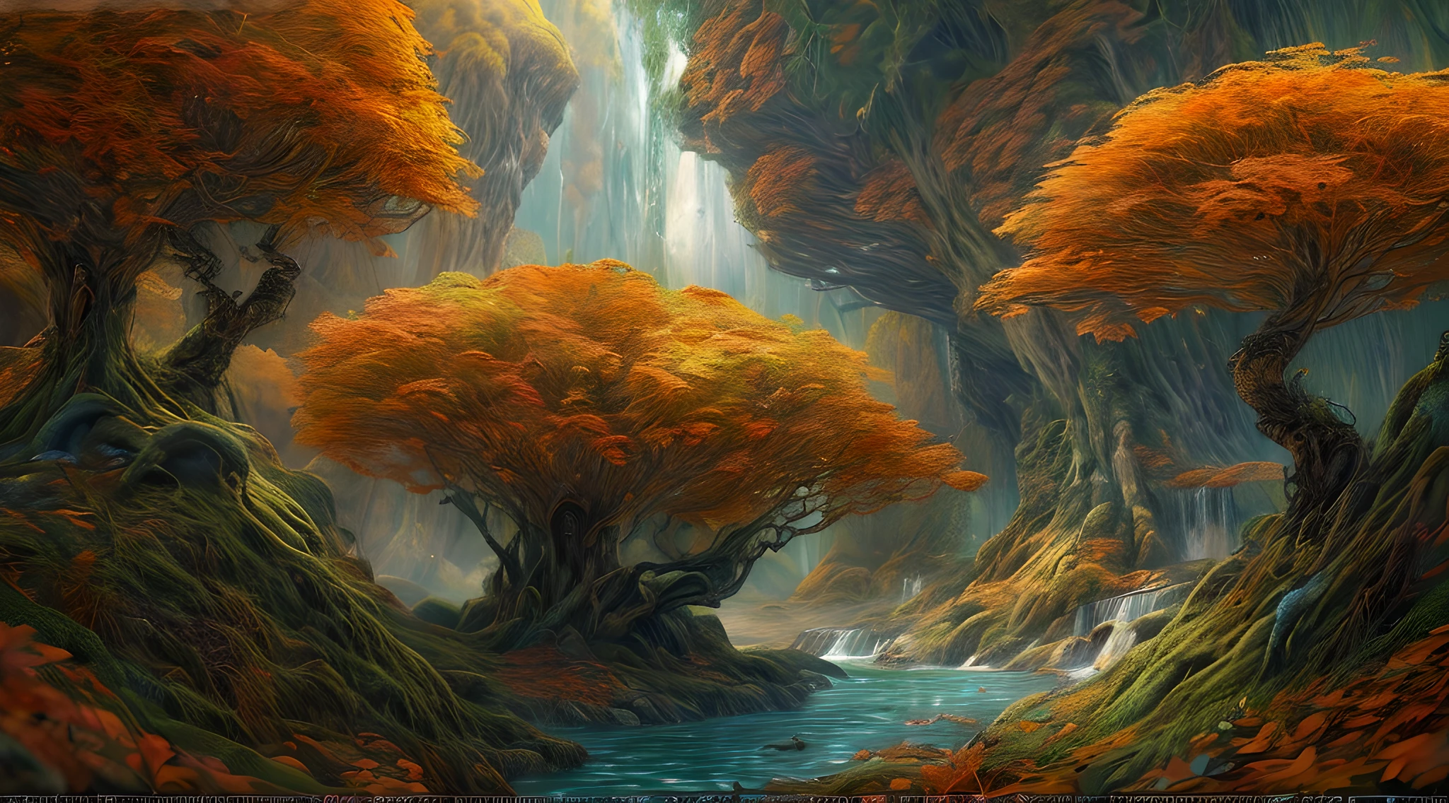 high details, best quality, 8k, [ultra detailed], masterpiece, best quality, (extremely detailed), dynamic angle, ultra wide shot, photorealistic, fantasy art, dnd art, rpg art, realistic art, an ultra wide picture of druid grove in a fantasy autumn forest and its druid warden observing all, a fantasy forest (intricate details, Masterpiece, best quality: 1.5), (at autumn: 1.5), in orange, red, yellow brown leaves, many trees, a stream of water (intricate details, Masterpiece, best quality: 1.5), waterfall (intricate details, Masterpiece, best quality: 1.5), human female druid, full body (intricate details, Masterpiece, best quality: 1.5), exquisite beautiful woman druid (intricate details, Masterpiece, best quality: 1.5), ultra detailed face (intricate details, Masterpiece, best quality: 1.6), black hair, long hair, wavy hair (intricate details, Masterpiece, best quality: 1.5),, dynamic eyes color, fair skin, wearing blue cloak (intricate details, Masterpiece, best quality: 1.5), green robe (intricate details, Masterpiece, best quality: 1.5), cinematic light, pastoral atmosphere, divine light, gods rays, fantasy_world