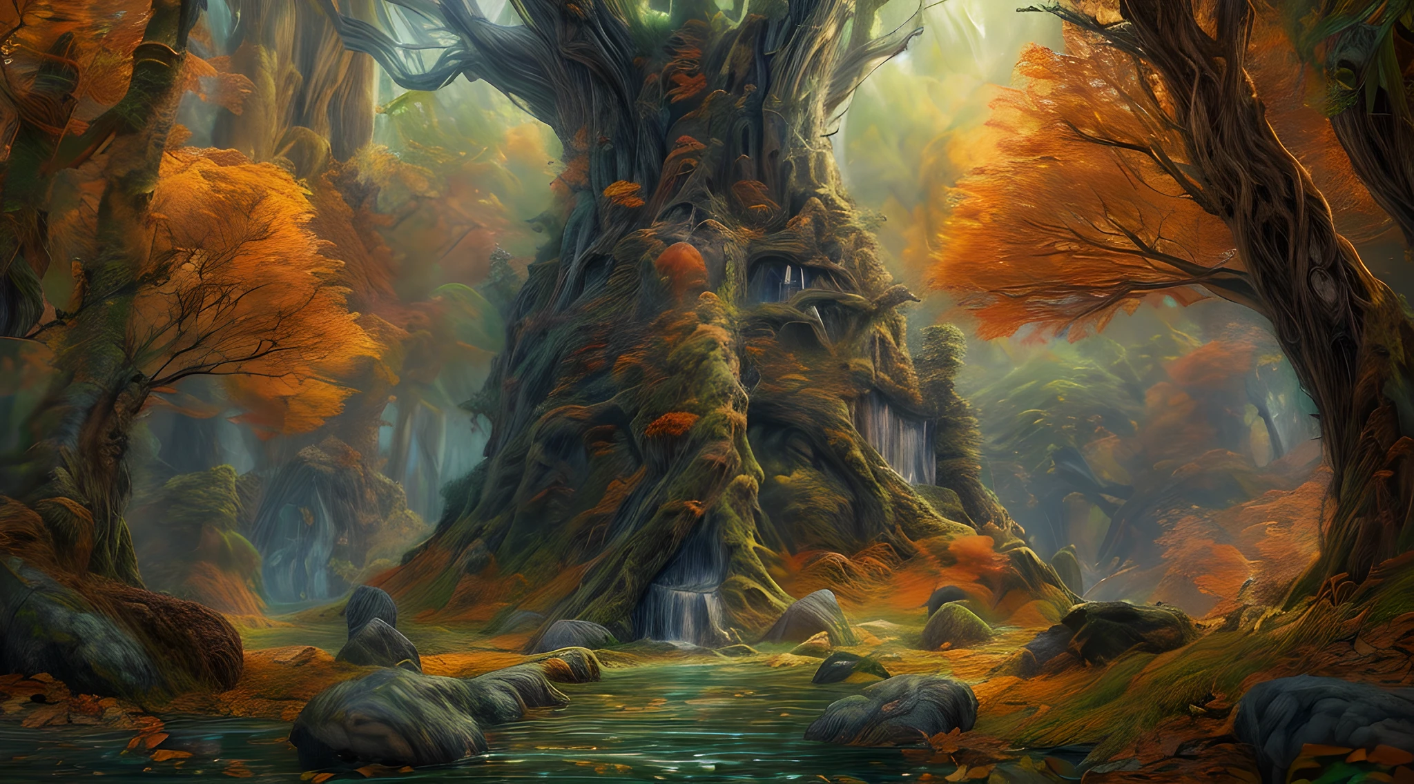 high details, best quality, 8k, [ultra detailed], masterpiece, best quality, (extremely detailed), dynamic angle, ultra wide shot, photorealistic, fantasy art, dnd art, rpg art, realistic art, an ultra wide picture of druid grove in a fantasy autumn forest and its druid warden observing all, a fantasy forest (intricate details, Masterpiece, best quality: 1.5), (at autumn: 1.5), in orange, red, yellow brown leaves, many trees, a stream of water (intricate details, Masterpiece, best quality: 1.5), waterfall (intricate details, Masterpiece, best quality: 1.5), human female druid, full body (intricate details, Masterpiece, best quality: 1.5), exquisite beautiful woman druid (intricate details, Masterpiece, best quality: 1.5), ultra detailed face (intricate details, Masterpiece, best quality: 1.6), black hair, long hair, wavy hair (intricate details, Masterpiece, best quality: 1.5),, dynamic eyes color, fair skin, wearing blue cloak (intricate details, Masterpiece, best quality: 1.5), green robe (intricate details, Masterpiece, best quality: 1.5), cinematic light, pastoral atmosphere, divine light, gods rays, fantasy_world