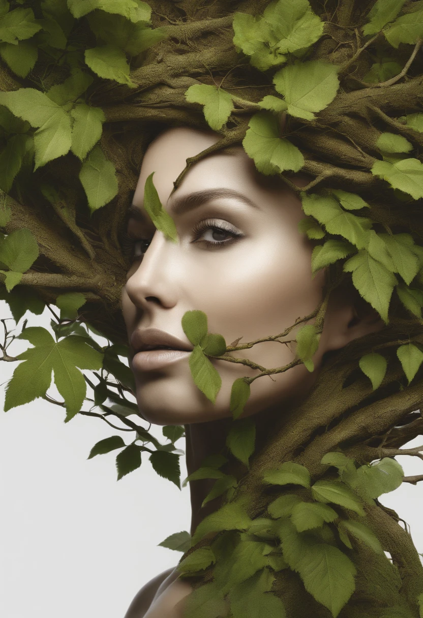 close up, Arbomorph A hug of woman face turn into a leafy tree, with roots as legs, branches like arms, some leaves fly on a white background,l