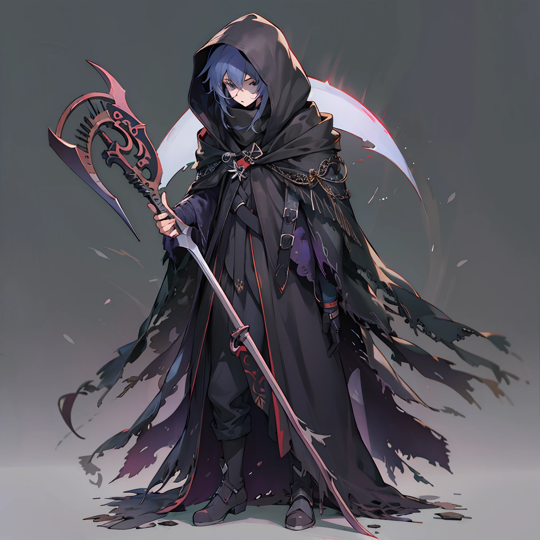 Anime artstyle, holding a scythe, wearing a stylish dark cloak, wrapped in bandages,full body,white background, wallpaper, HD quality, extremely detailed, highest quality digital art