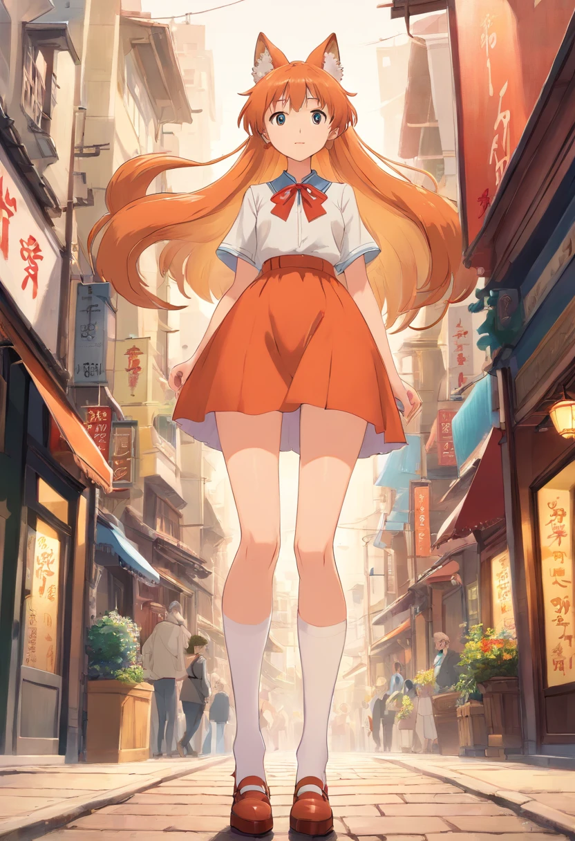 Masterpiece,Extremely tall maiden,A giantess,Huge maiden,Slender calves,Full limbs,Long-range shots,whaite hair,white stockings,Walking in the city with slender calves,fox ear,short skirt