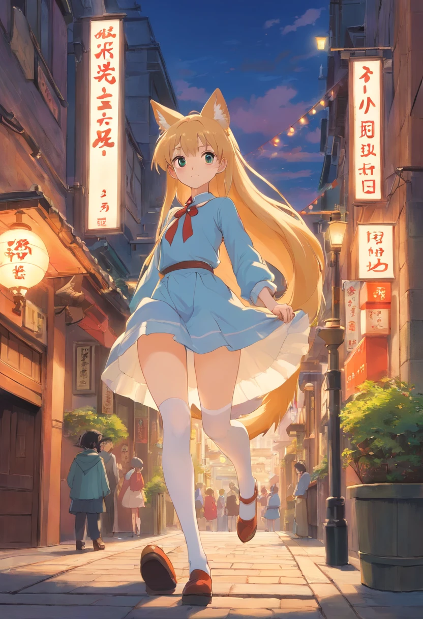 Masterpiece,Extremely tall maiden,A giantess,Huge maiden,Slender calves,Full limbs,Long-range shots,whaite hair,white stockings,Walking in the city with slender calves,fox ear,short skirt