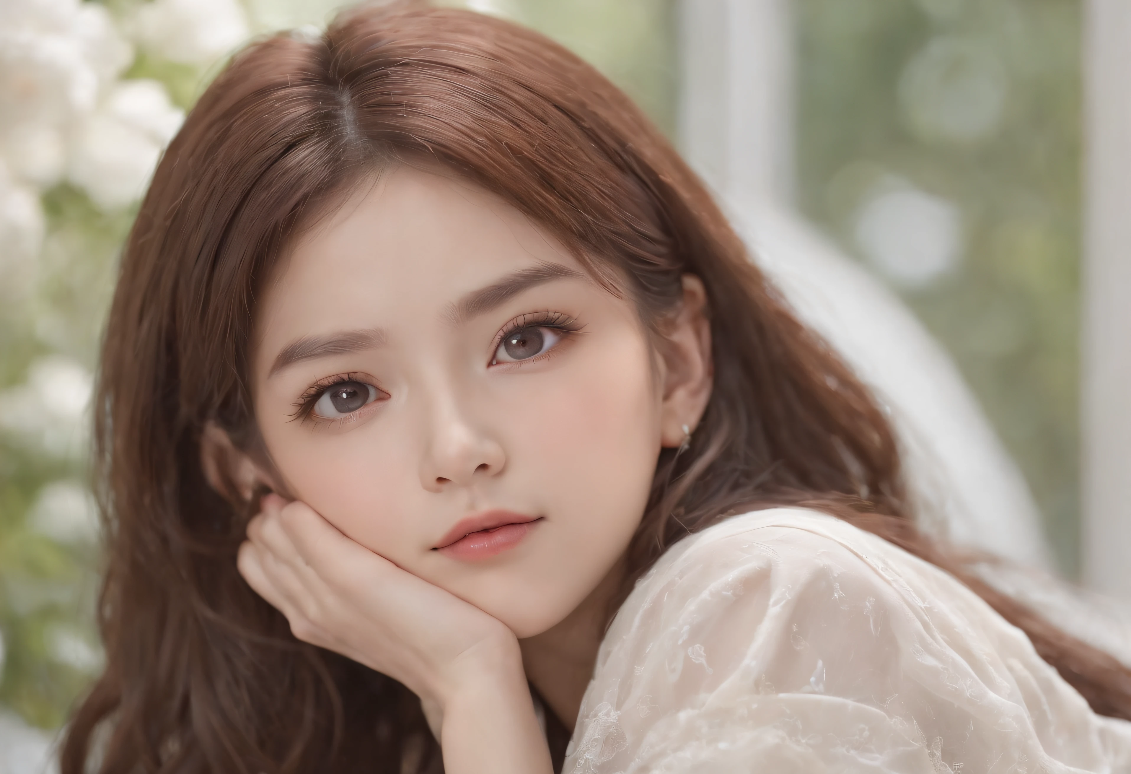 (1 Japan girls), masutepiece, Best Quality, Ultra-fine video, a very pretty girl, extremely detailed beautiful face, Looking at Viewer, 1girl in, Belt bag, gros-plan, Looking at Viewer, 4K, hight resolution, bow ribbon, Phyllis Mistrout, blush, POV, twin-tail hair, White background, Simple background, thick outline, Purple eyes, (sleep), Brown hair, Chibi, expression of love, ((Brown hair)), (Blood),