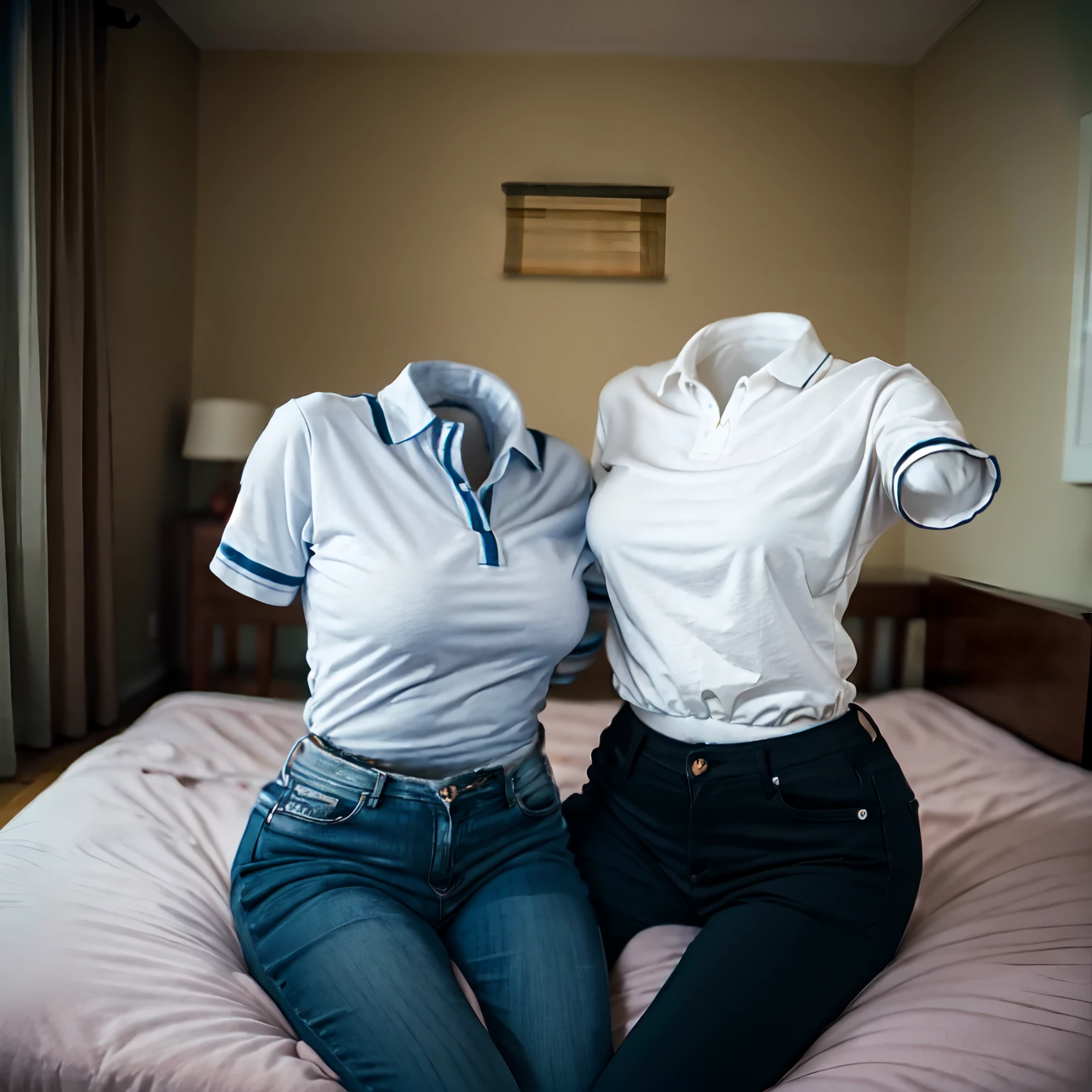 2 girls love each other, school shirt and leggings on bed, ((invisible, no humans:1.5, headless:1.5, handless, legless)), (big breast), (close-up to breast),
(8k, RAW photo, best quality, masterpiece:1.2), (realistic, photo-realistic:1.37),photon mapping, radiosity, ((Hasselblad photography)),physically-based rendering,