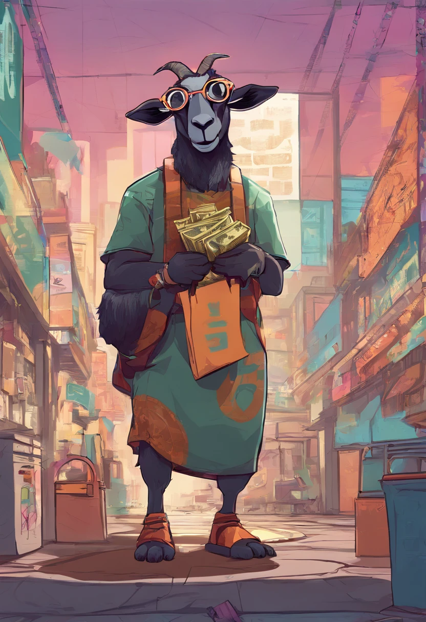 One African goat in nigerian atire wearing sunshades glasses holding a bag full of cash)), big grin, confidently jolly away, Hd, Comic art, Cartoon, Character concept, style, ((full body)) chilling in the mall, cartoon, cinematic lighting, funy, cute, side view, cute, 4k, vibrant colors, devinart, trend in artstation